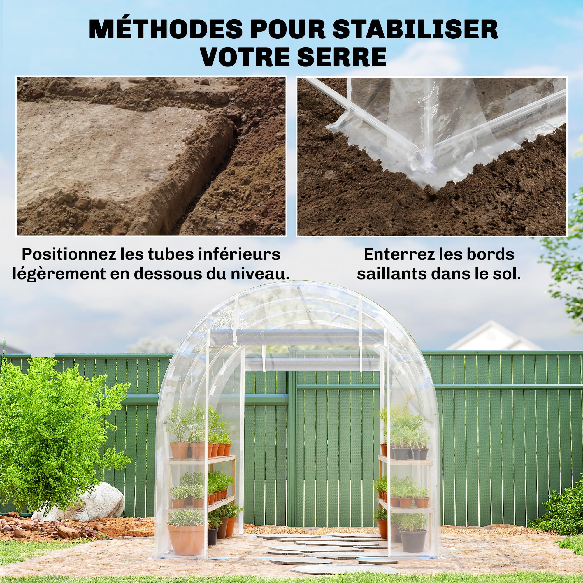 Outsunny Serre Tunnel de Jardin 6m², Serre de Jardin Tunnel 195x295x195cm avec Cadre Acier galvanisé, 2 Portes, bâche PE Haute densité 150g/m² prolongée de 20 cm, pour extérieur Transparent