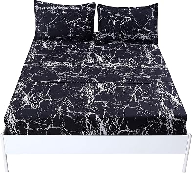 MAG Black Marble, Super Soft Microfiber Bed Sheet 4PC, Marble Bedding Sheet Set Included 1 Fitted Sheet with 2 Pillowcases, 14 Inches Deep (Twin, Black)