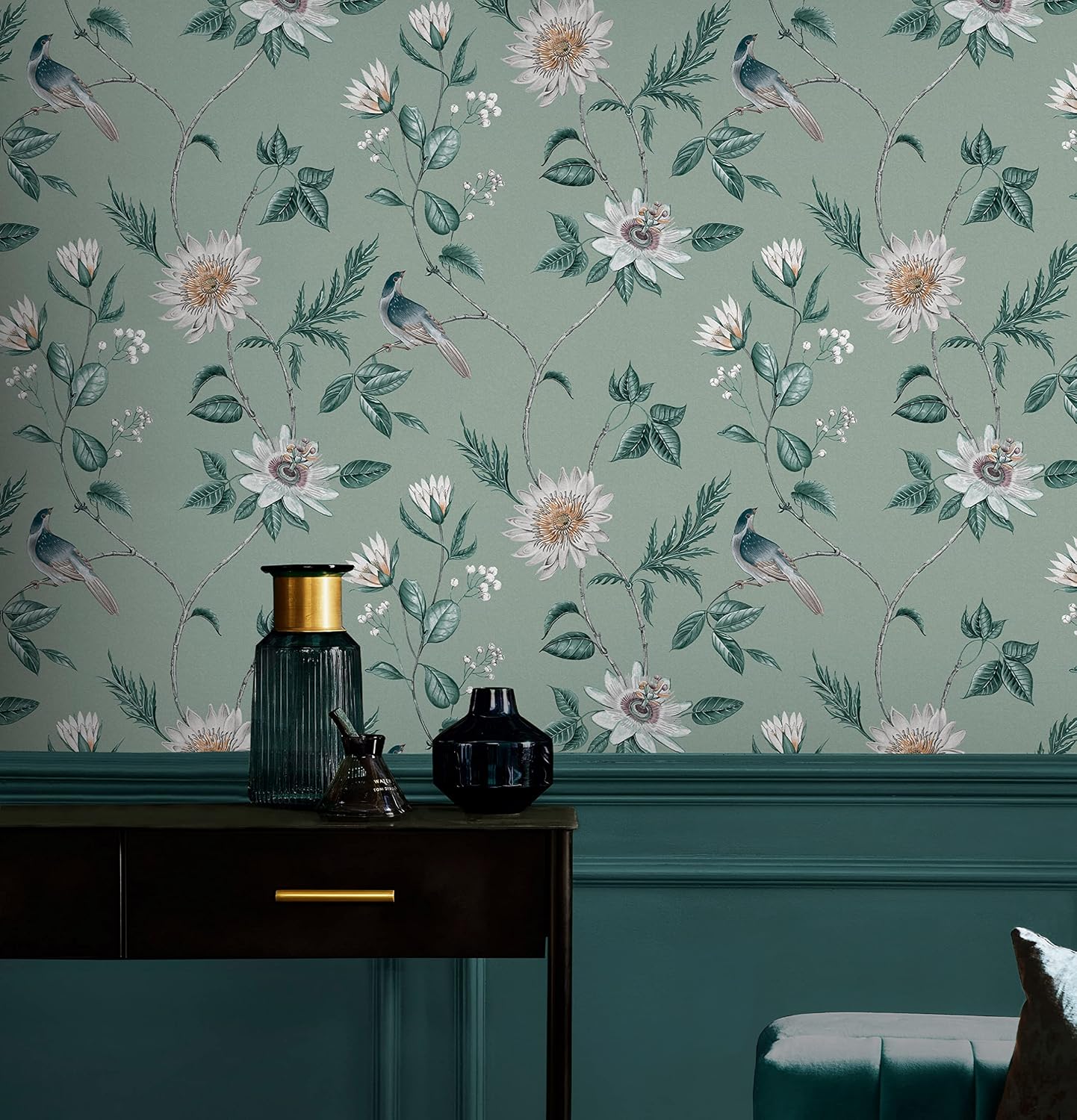 Graham & Brown Nuit Floral Birds Paste The Wall Wallpaper (Sage)