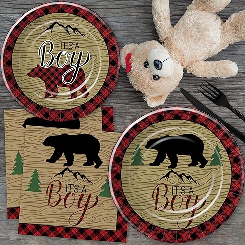 Miniatura 4 de Xigejob Decoraciones de leñador para baby shower, suministros de fiesta de leñador para bebé, plato, taza, servilleta, mantel, cubiertos, búfalo a