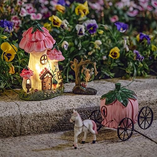 Miniatura 6 de LA Jolie Muse Jardín de hadas de resina, casa de campo de techo floral en miniatura con luces LED solares, juego de 3 figuras de casa de hadas con