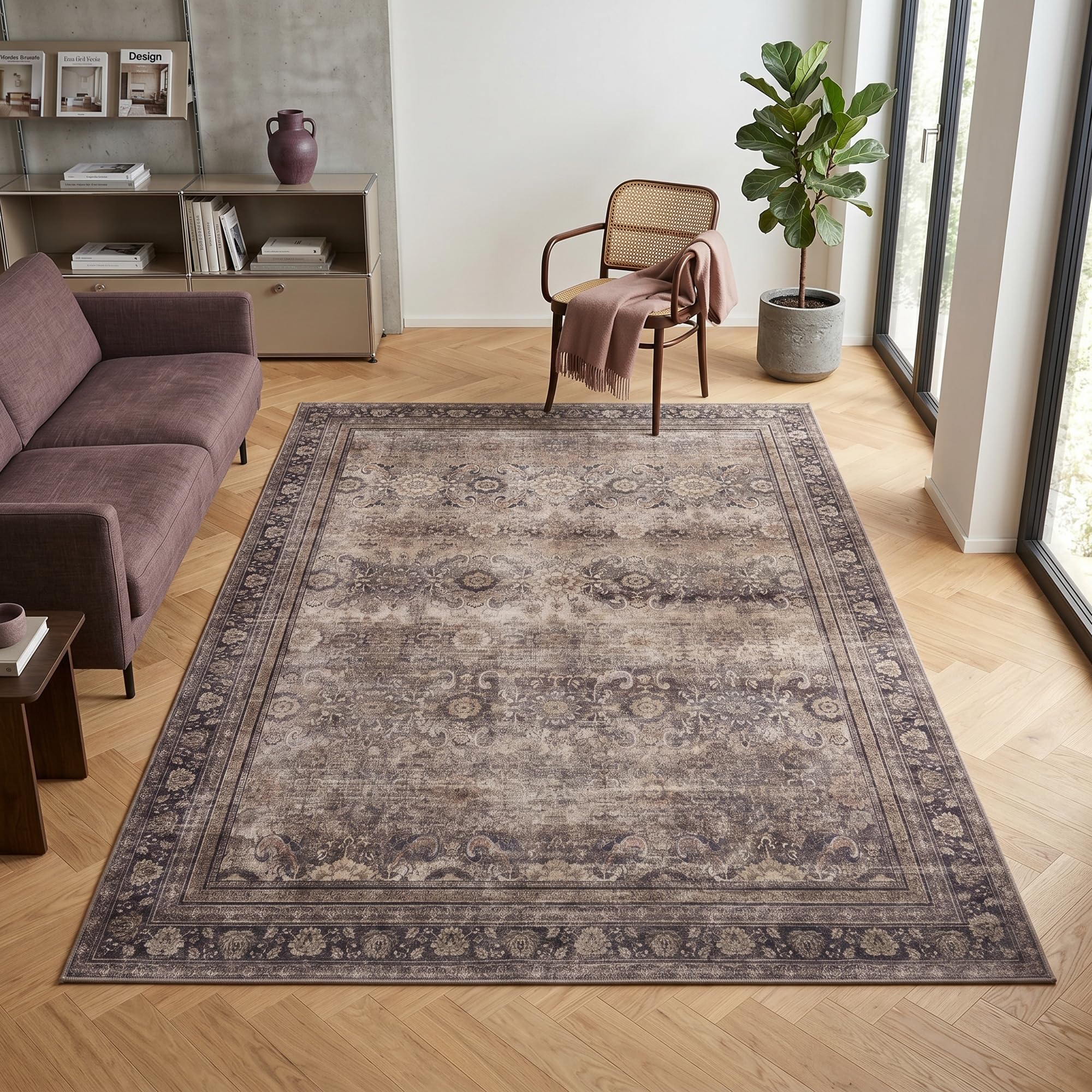 Carpetsale24 Waschbarer Teppich Beige Vintage Kurzflor Wohnteppich für Wohnzimmer Esszimmer Schlafzimmer Orientalisches Design Pflegeleicht Waschmaschinengeeignet