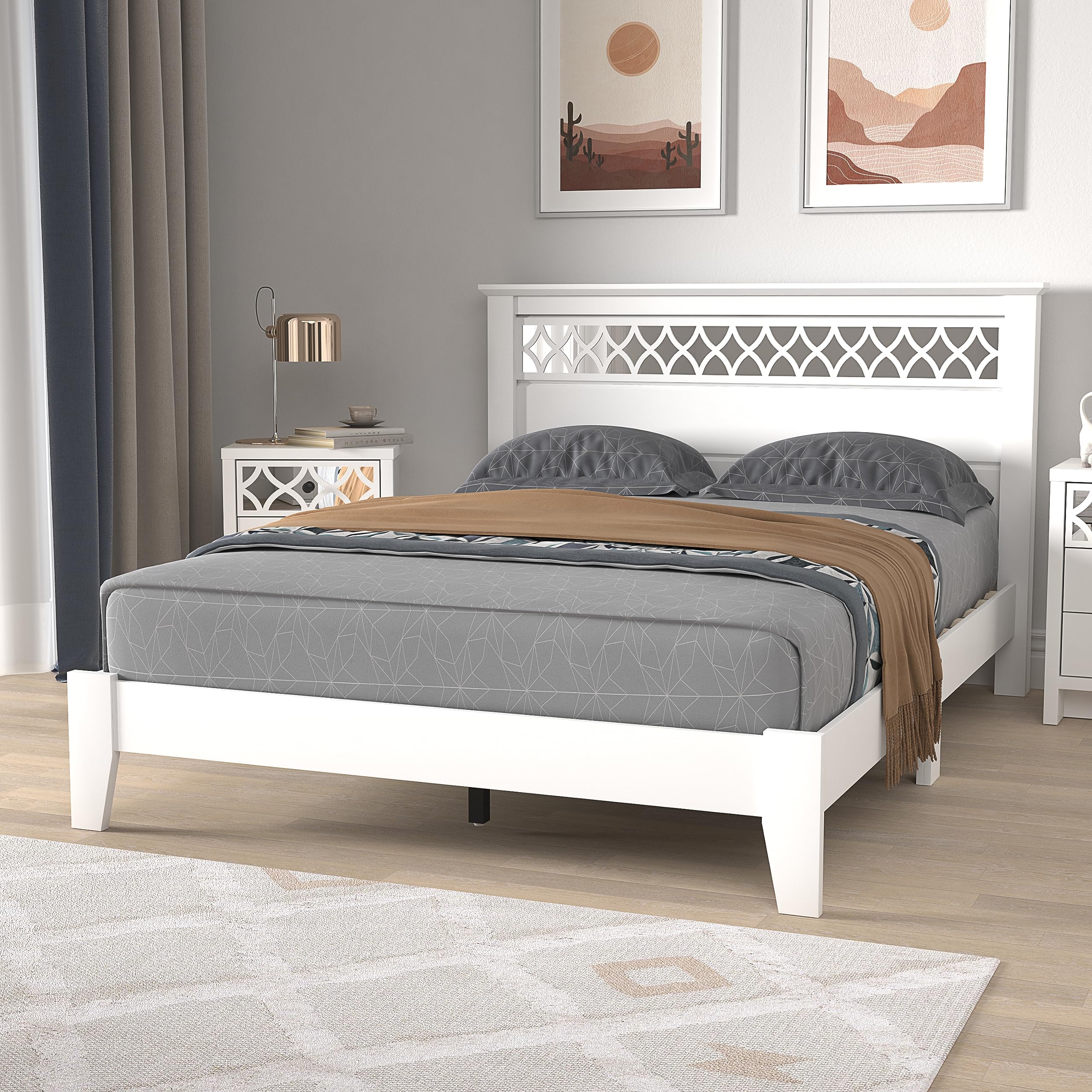 Galano Amanda Double Bed - Stylish Wooden Bedframe with Mirrored Headboard - Sturdy Bedframe for Adult - Wood Slat Support - Easy Assembly – Bedroom Furniture (White)