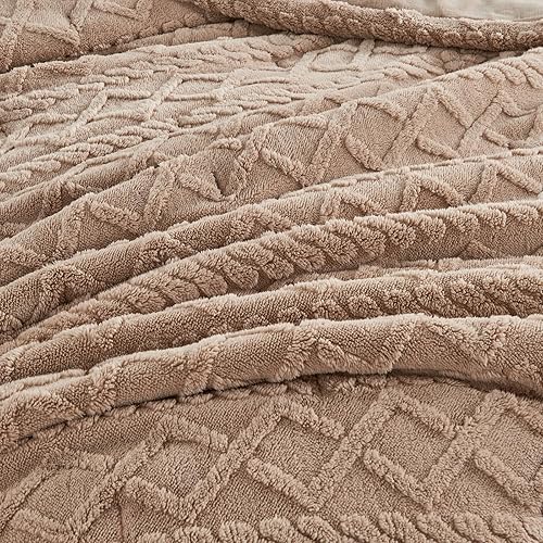Miniatura 5 de ENCOFT Juego de edredón marrón tamaño Queen, juego de edredón de lujo de terciopelo esponjoso de 3 piezas, patrón de cable copetudo, juego de