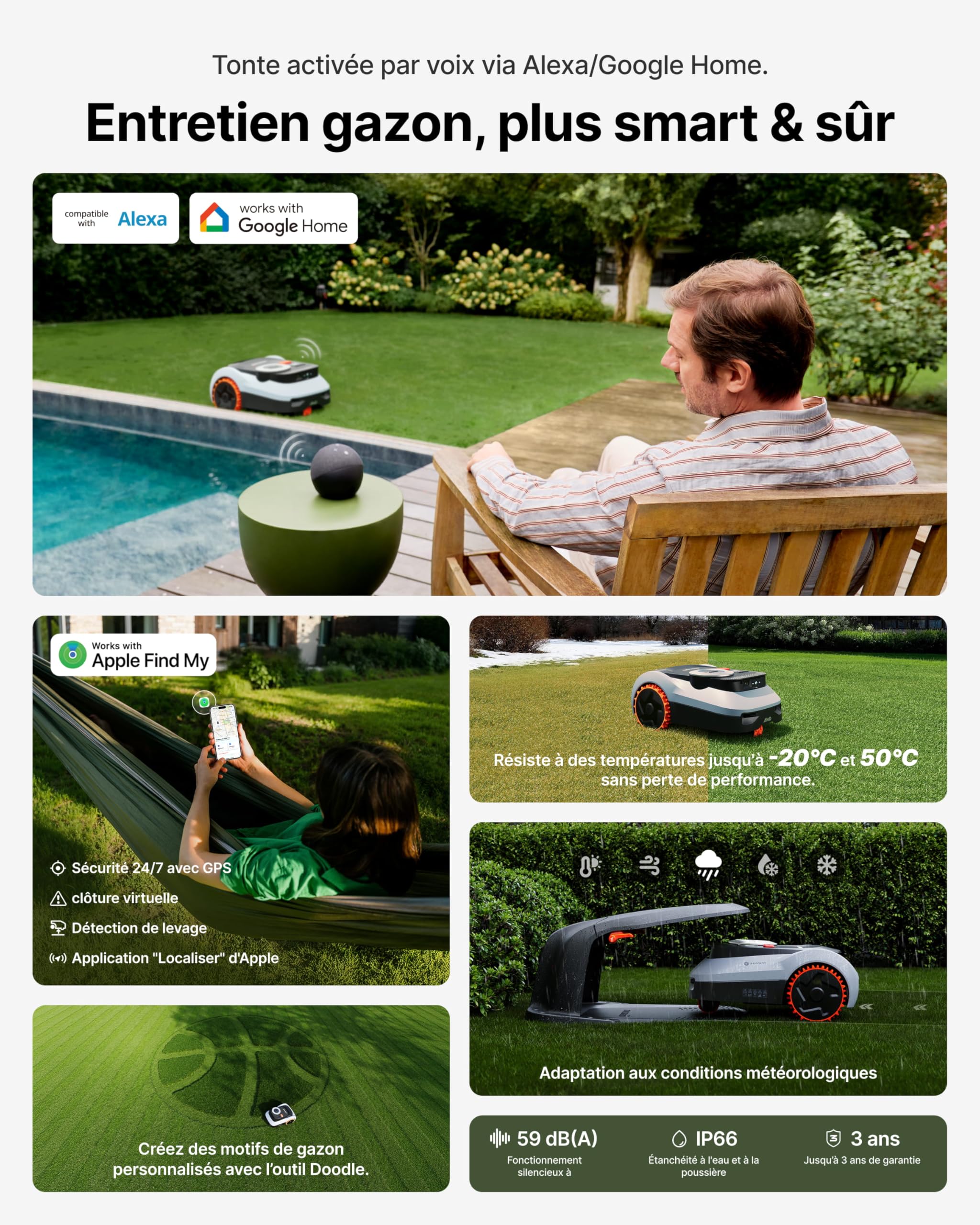 Segway Navimow i210 LiDAR Pro Robot Tondeuse sans Fil périphérique, 1000㎡