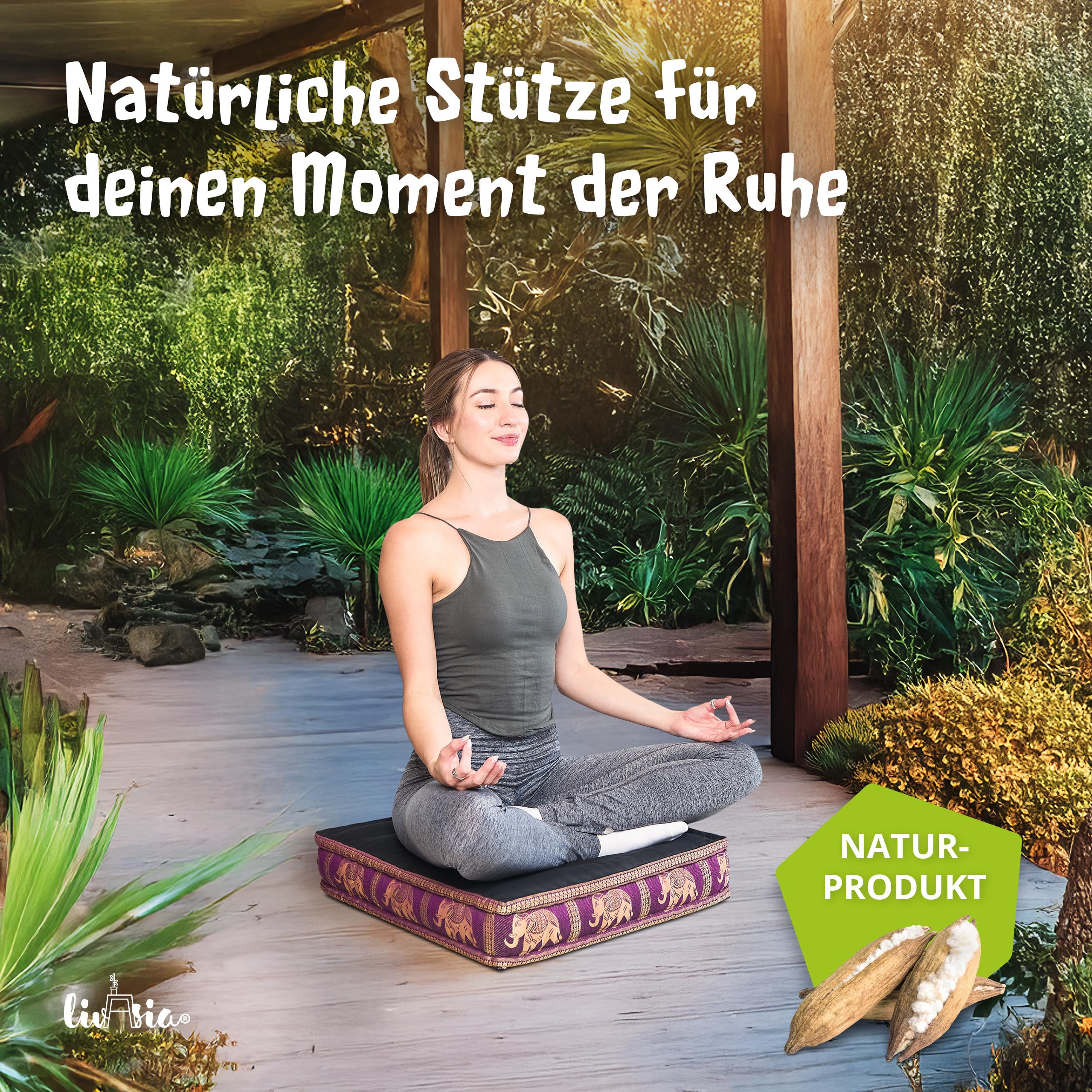 livasia Sitzkissen Boden Thaiseide - 50x50x10cm - Bodenkissen Indoor/Outdoor, Meditationskissen Yogakissen, Stuhlauflage Palettenmöbel, Steppkissen Bank handgefertigt (Schwarz/Lila/Elefanten Seide)