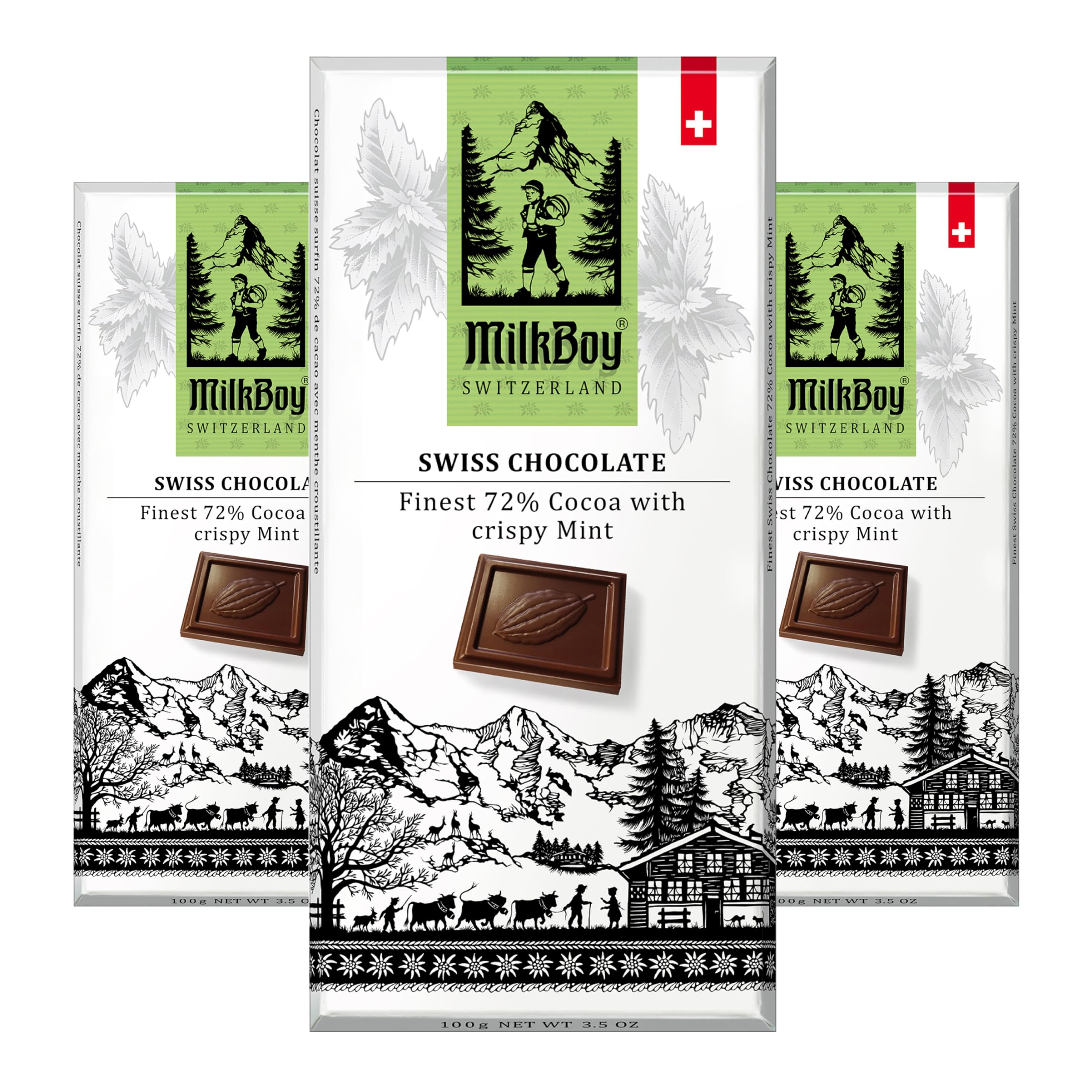 Milkboy Swiss Crispy Mint Dark Chocolates - All Natural 72% Cocoa Bars - Made in Switzerland - Dairy Free - Vegan - Gluten Free - Non-GMO - Kosher - 3 oz, Pack 2