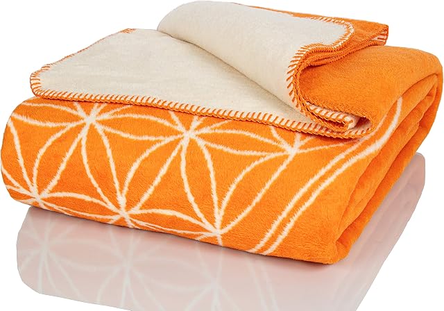 Glart blanket orange-ecru Flower of Life XL, sofa blanket 150 x 200 cm, soft and warm woolly blanket, extra fluffy, for use as a sofa blanket, couch blanket, cosy blanket, cosy throw, plush sofa throw