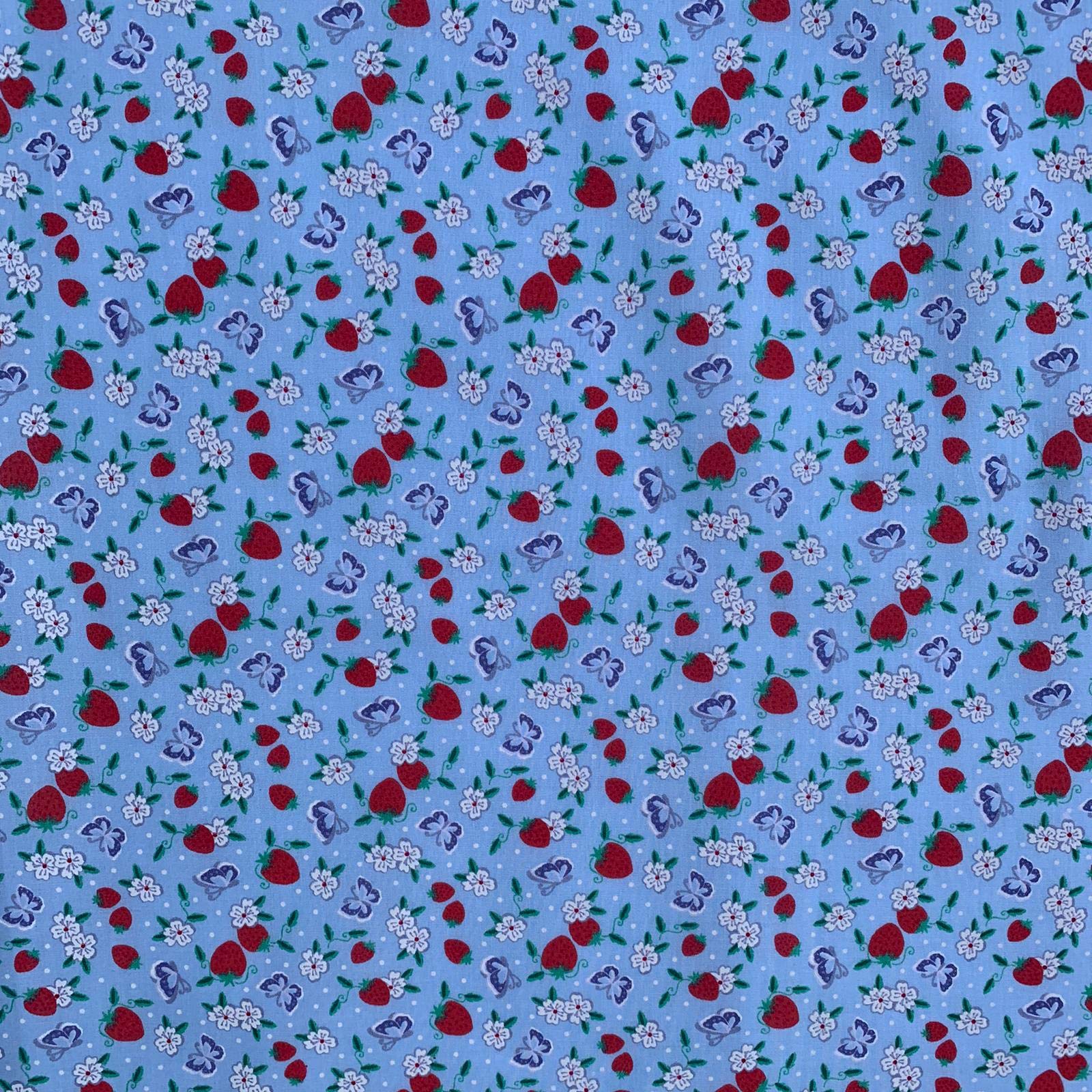 Discover Lifestyle & Fashion Fabrics Blue Strawberry Design Novelty Poly Cotton Printed Dress Craft Fancy Dress Fabric Material | 45" - 112 Cm | Sold Per Half Metre (Blue)