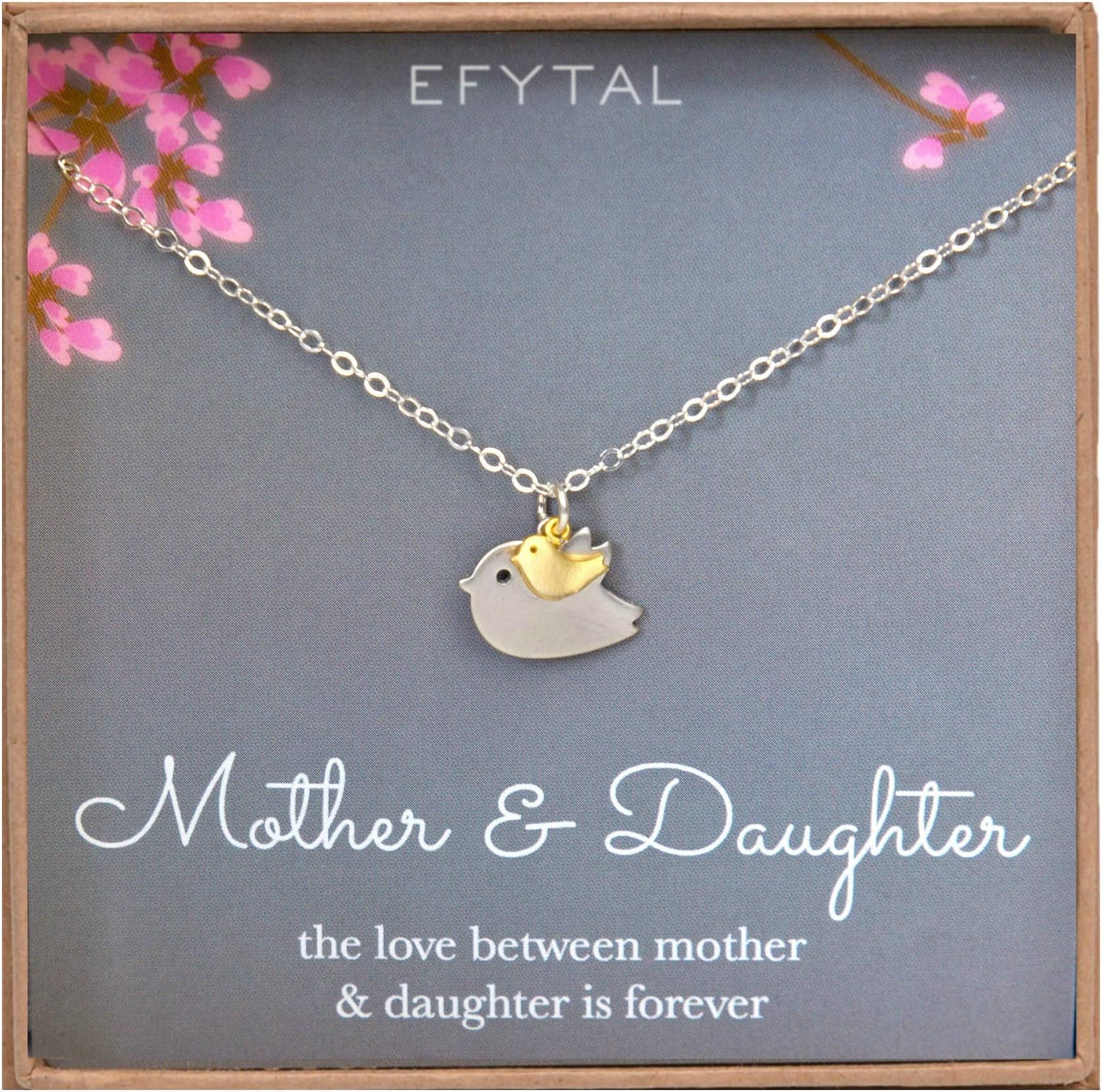 EFYTAL Mother Daughter Necklace - Mommy and Baby Bird, Two Tone Mothers Day Jewelry Gift