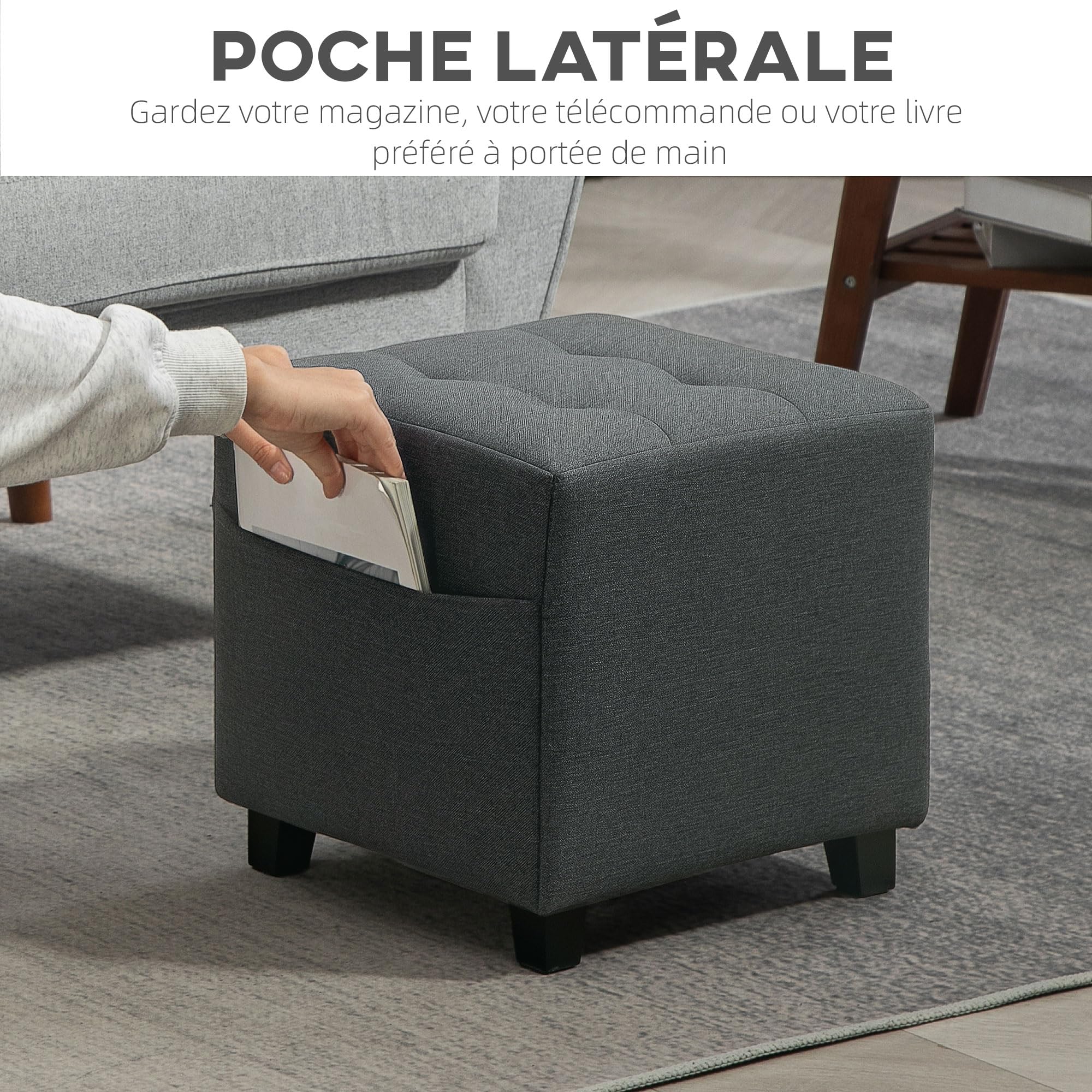 HOMCOM Poggiapiedi Soggiorno, ottomano, seduta imbottita imbottita imbottita in tessuto effetto lino, con tasca laterale, pouf soggiorno, struttura in legno, per camera da letto, ingresso, 35 x 35 x