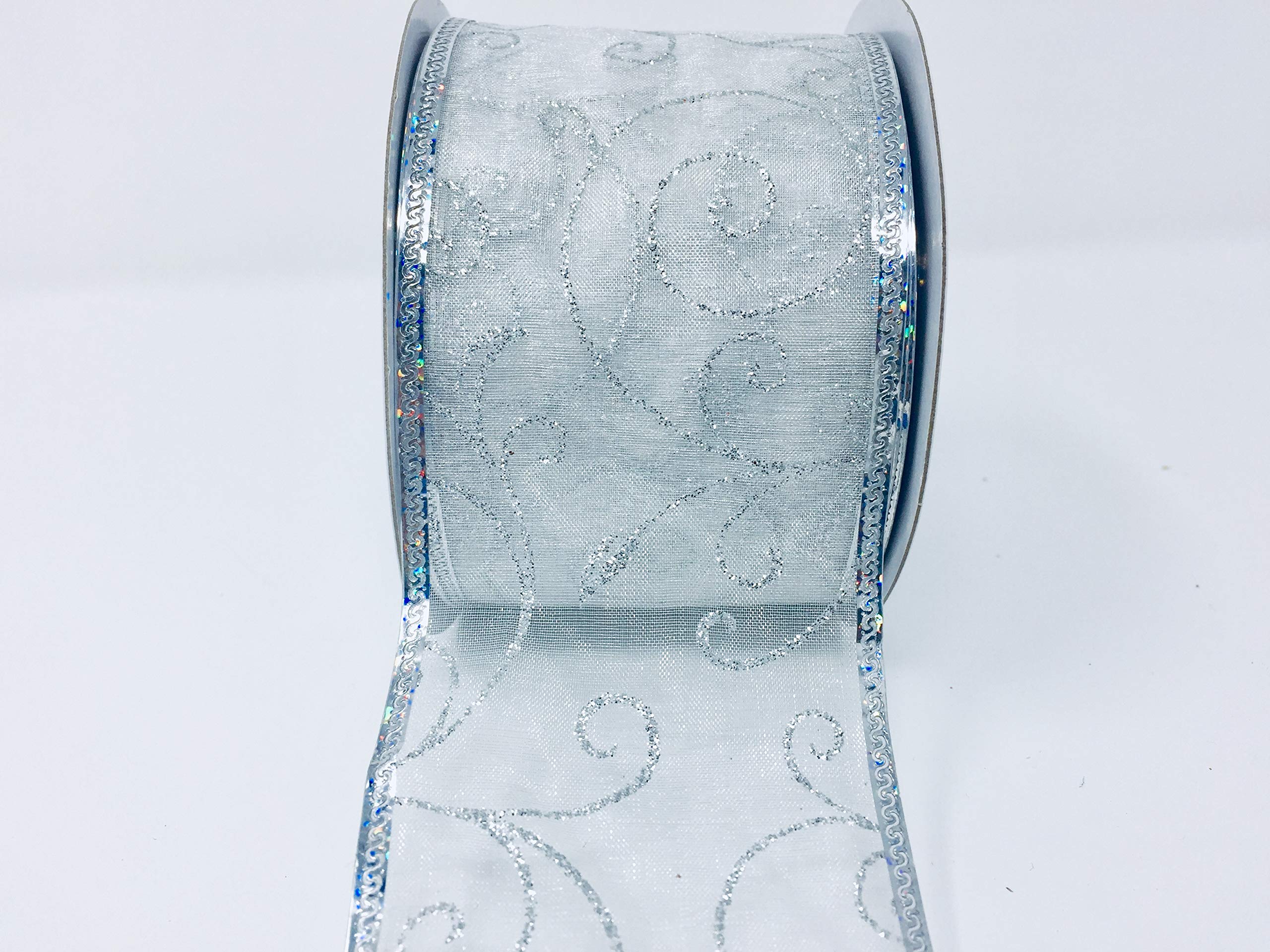 Glittery Silver Wired Ribbons Bundle (2 Rolls, 2.5 inch x 10 Yards Each) w. Thin Silver Jacquard for Gift Wrapping & Decorating