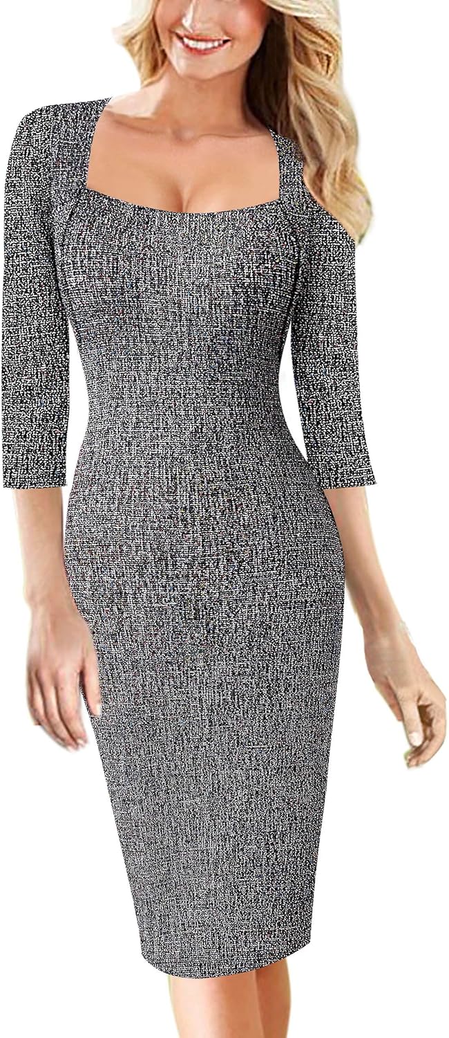 VFSHOW Womens Vintage Square Neck Work Office Business Dress Elegant Casual Cocktail Party Church Bodycon Pencil Sheath Dress
