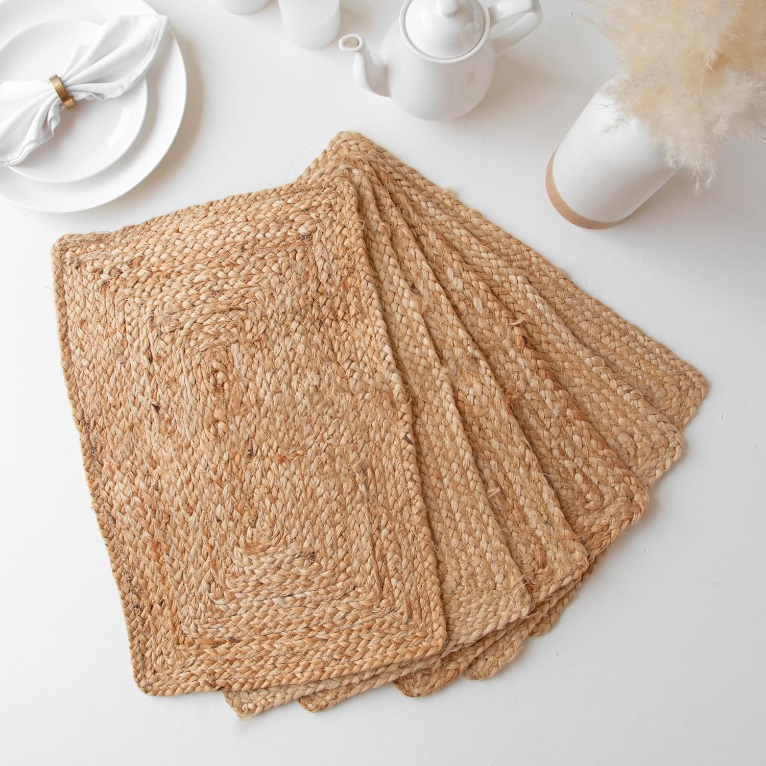 HOMEMONDE Jute Round Placemats Set of 6-15 Inch Woven Natural Hand Braided Wicker Tablemats - Farmhouse Boho Rustic Vintage - for Table Decoration & Dining Table