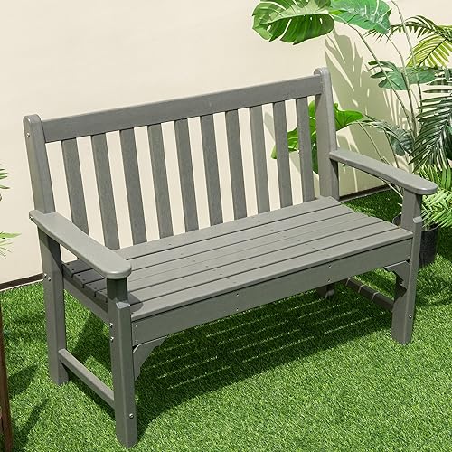 Tangkula Banco de parque de jardín para 2 personas, banco de patio de polietileno de alta densidad impermeable con respaldo y asiento de rejillas,