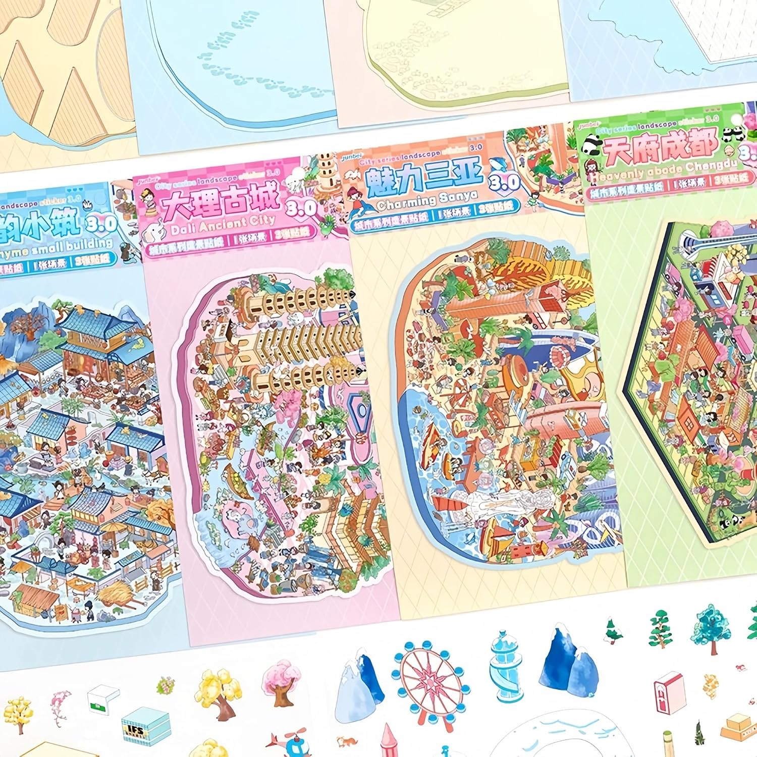 Big Size DIY 3D House Sticker Scene,8 Pcs Sticker Therapy Kits, Cute Cartoon Stickers,Isometric Miniature Room Sticker Book for Adults Relief Stress