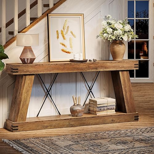 Miniatura 4 de Tribesigns Mesa consola de granja de 70.9 pulgadas, mesa larga para sofá detrás del sofá con almacenamiento, estación de consola de madera estrecha,