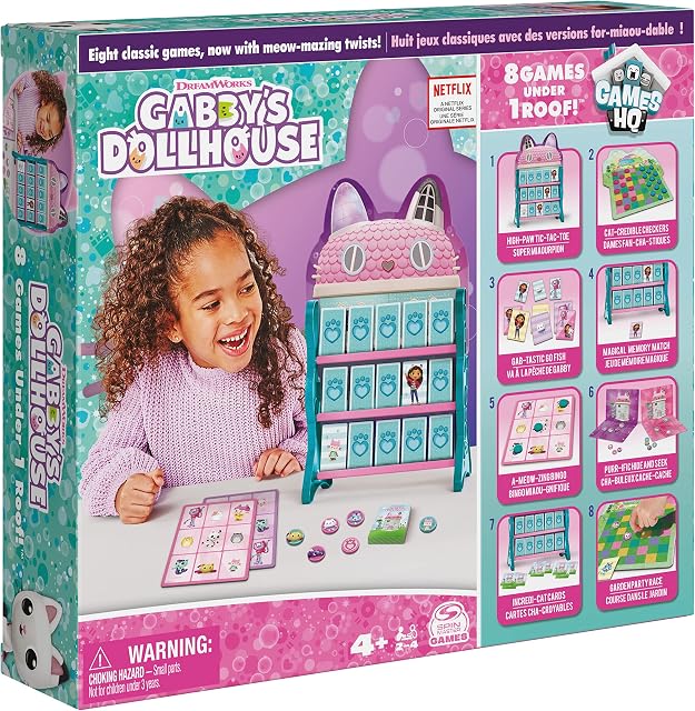 Gabbys Dollhouse, Games HQ Checkers Tic Tac Toe Memory Match Go Fish Bingo Cards Board Games Toy Gift Netflix Party Supplies, for Kids Ages 4 and up