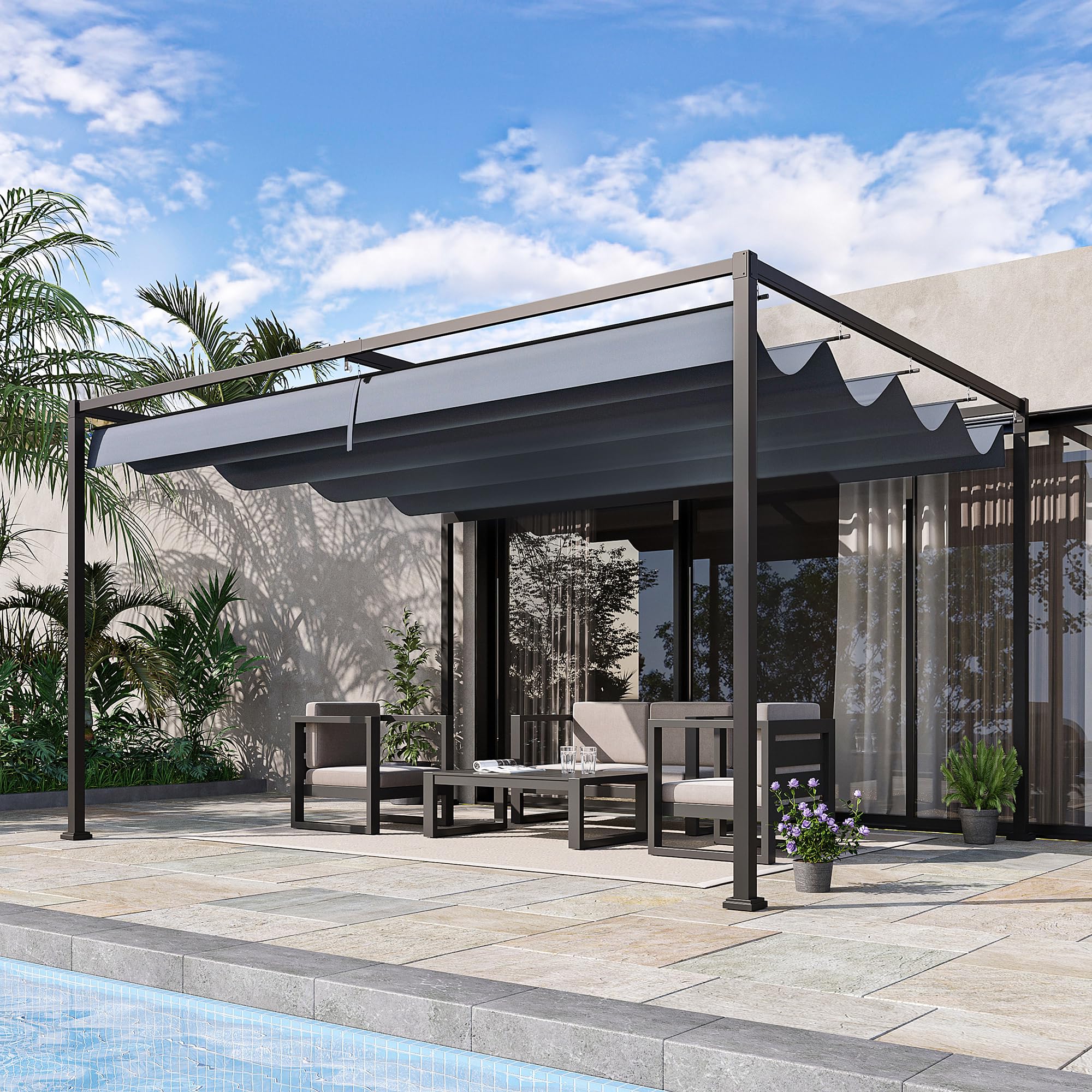 Outsunny Unisex Grey 4X3(M) Metal Pergola Gazebo Patio Sunshelter Retractable Canopy In