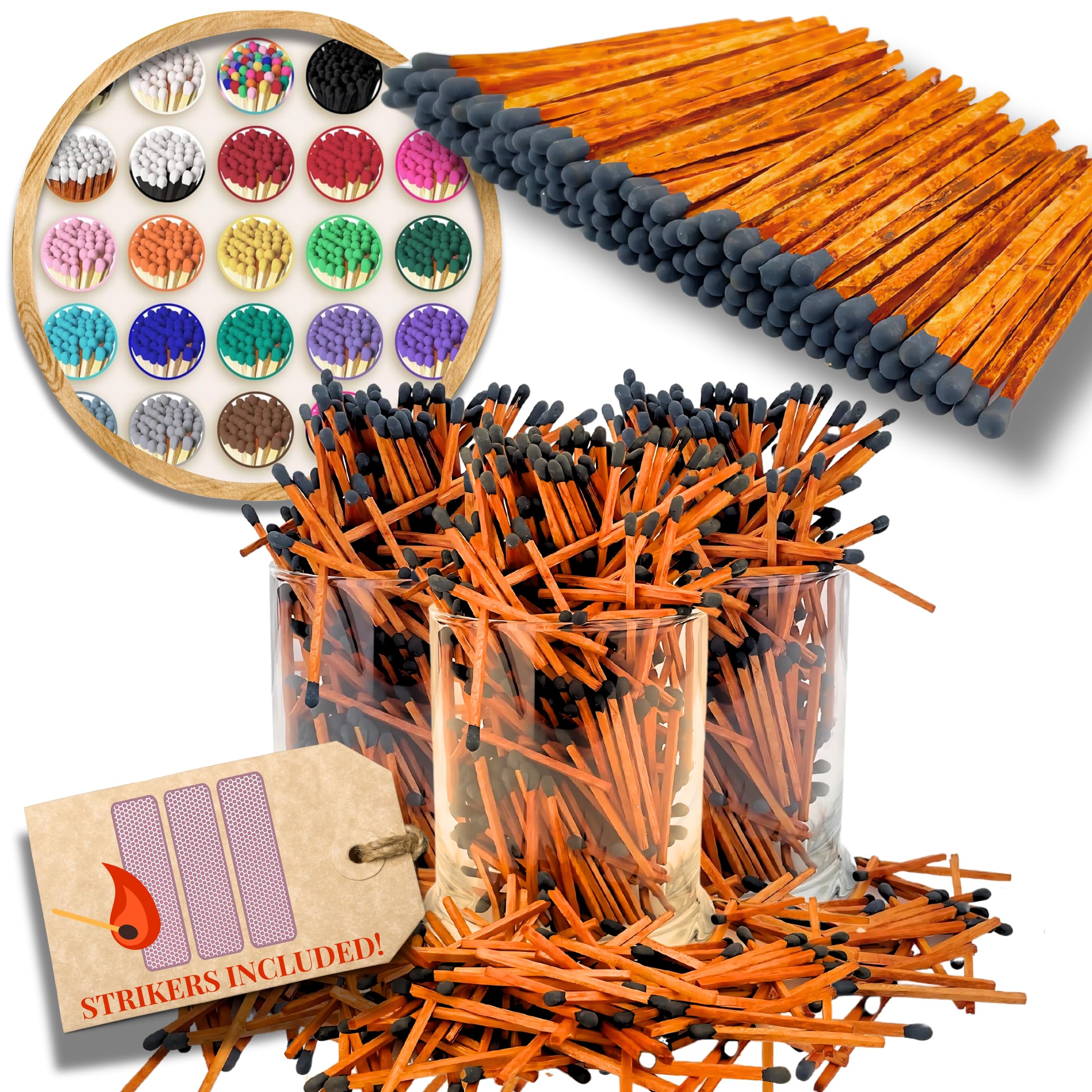 500 Count | 2" Brown &amp; Black Matches | Strikers Included | Color Tip Wooden Match | Refill for Matchstick Jars, Candle Display, Holders &amp; Bottles | 2 in inches Long
