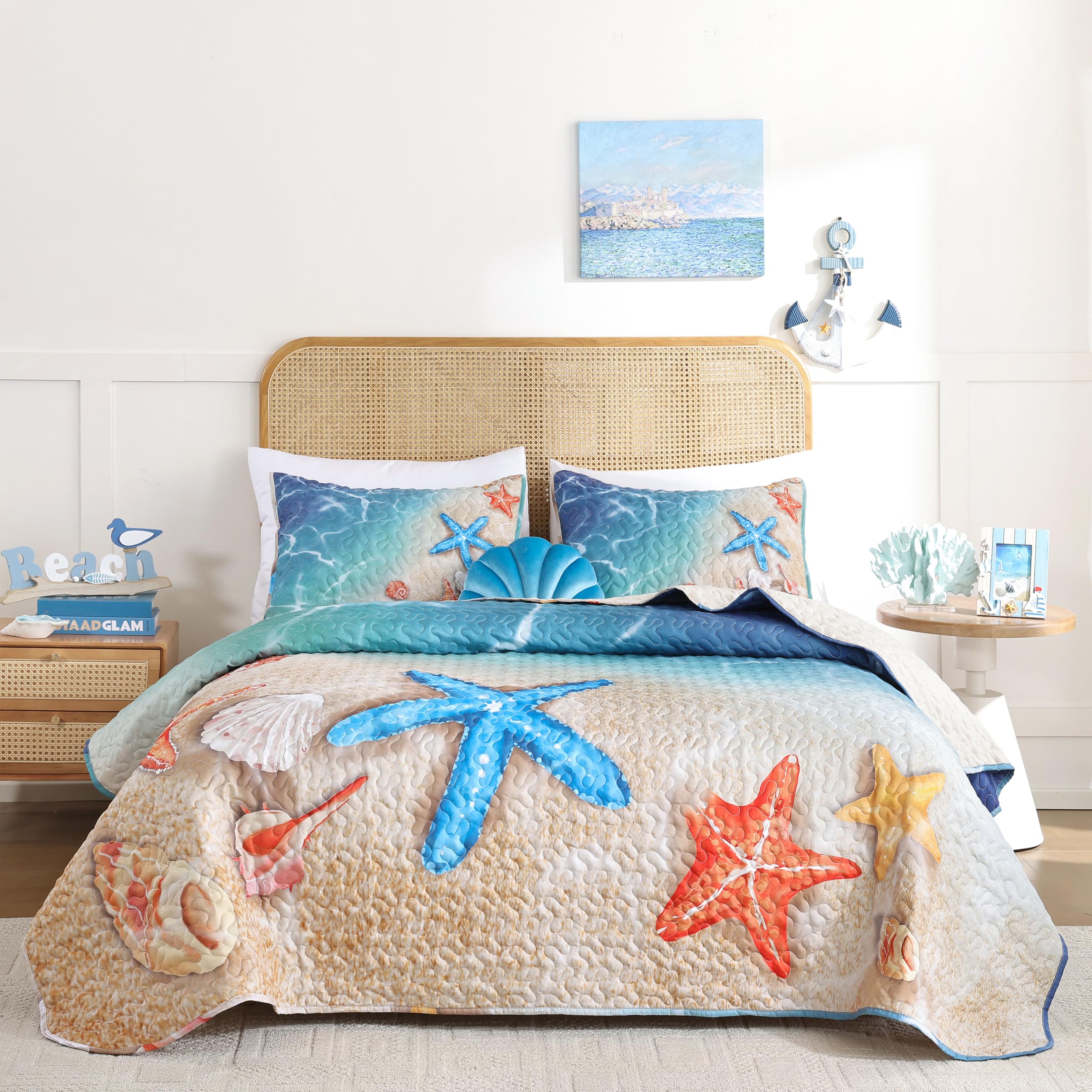 weigelia Coastal Quilt Queen Size, Beach Lightweight Summer Bedding
