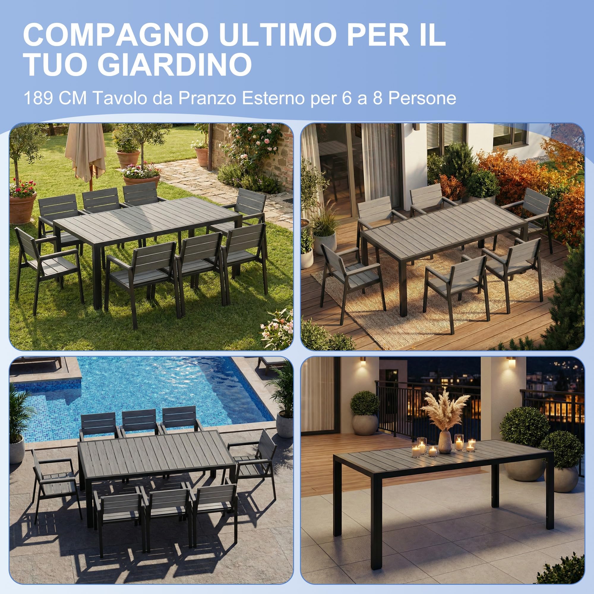Devoko Tavolo da Giardino HDPS Resistente alle Intemperie, 189 x 80 x 74 cm Tavolino da Esterno Finitura a Vena di Legno e Facile da Manutenzionare, Tavolo da Pranzo Esterno per 6 a 8 Persone (Grigio)