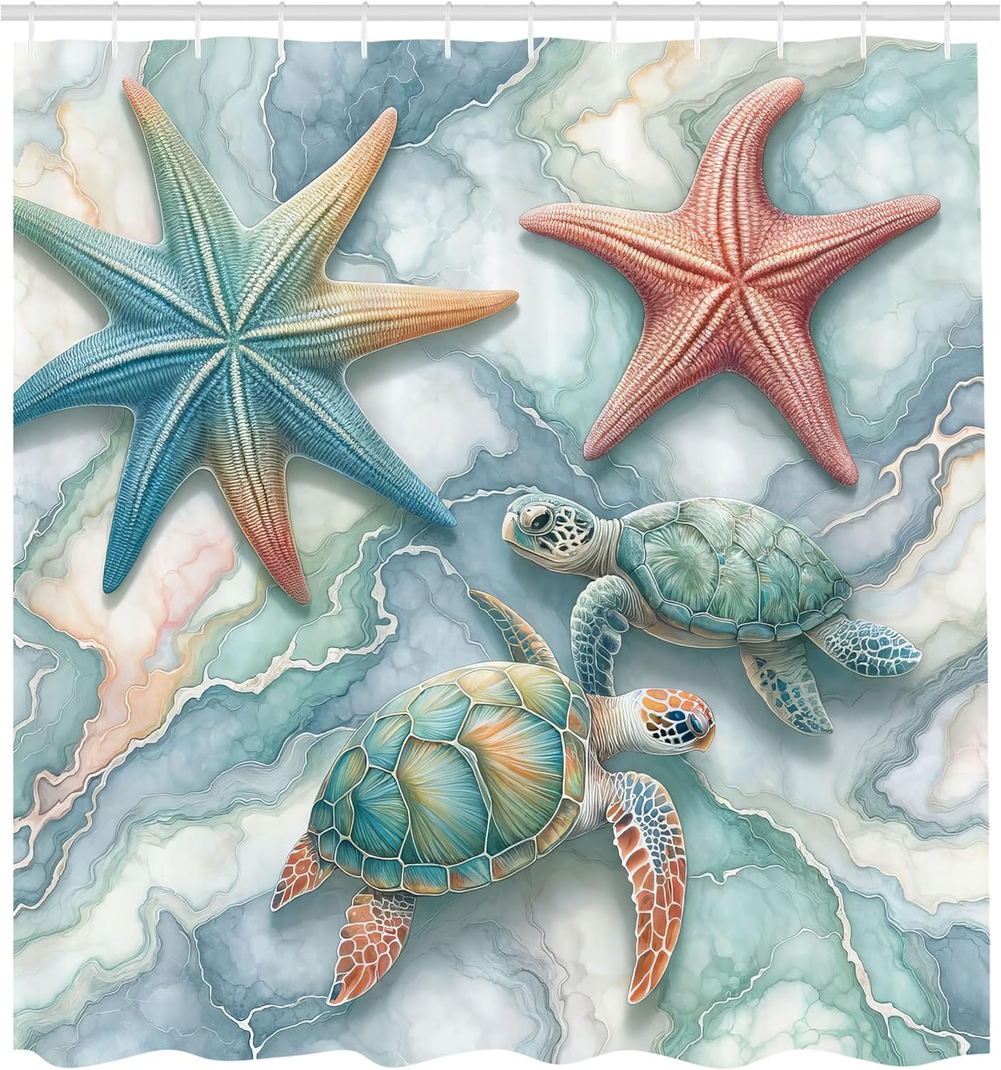 Ambesonne Coastal Shower Curtain, Marine Art Starfish and Sea Turtles on Pastel Colored Marble Print, Cloth Fabric Bathroom Decor Set with Hooks, 69" W x 84" L, Blue Grey Seafoam and Coral