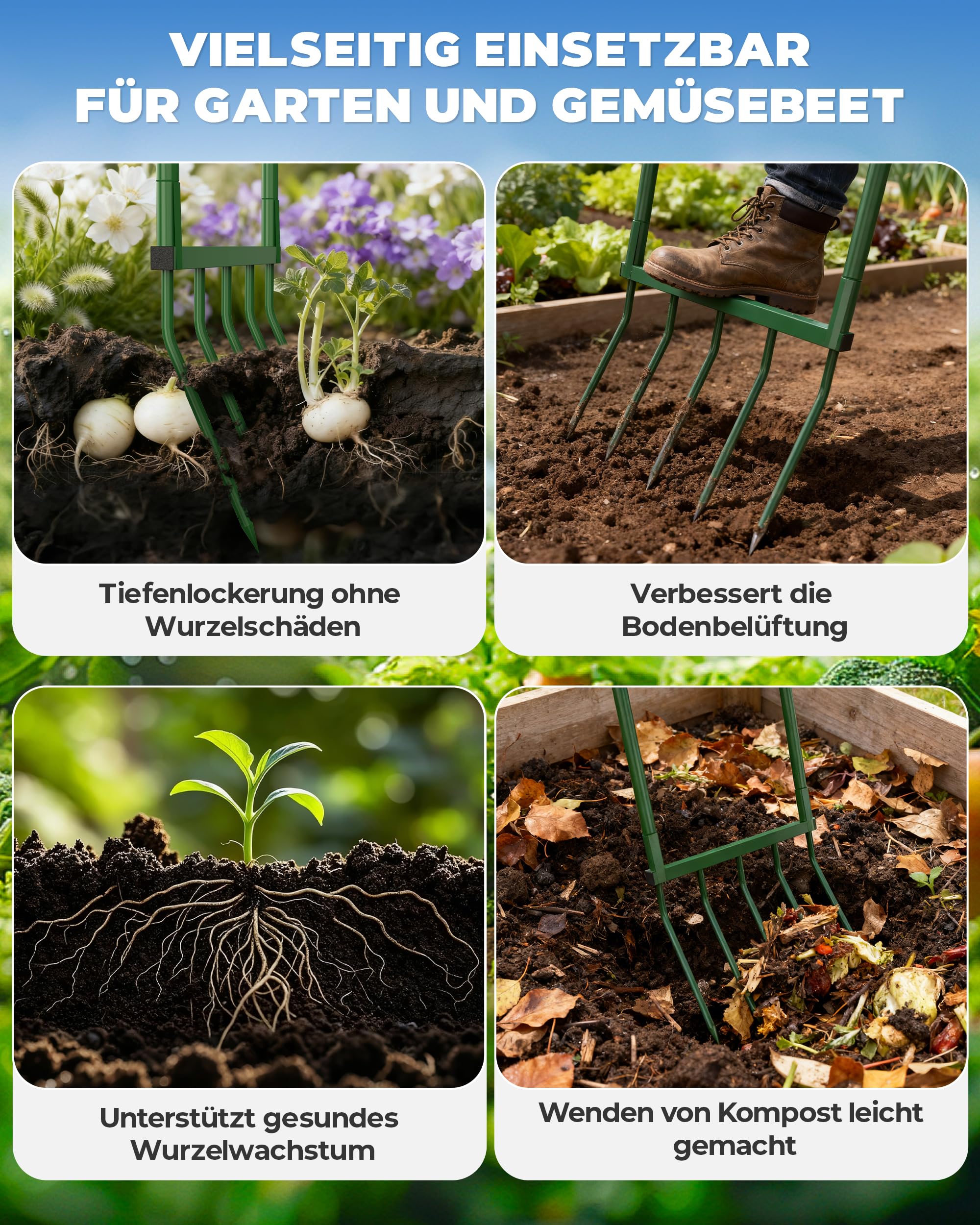 Signstek Grabegabel mit 5 Zinken – 130 cm Gesamtlänge, 51 cm Arbeitsbreite, 30 cm Zinkenlänge – zerlegbare Broadfork zum Tiefenlockern und Belüften des Gartenbodens, ergonomisch & rückenschonend