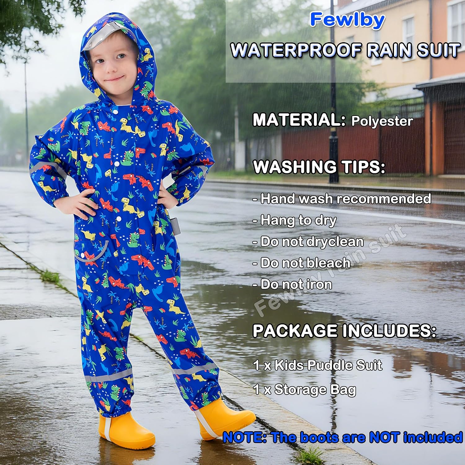 Kids Rain Suit for Boys Girls Toddler Raincoats One Piece Hoodie Cartoon Coverall Waterproof Rainwear 1-10 Years