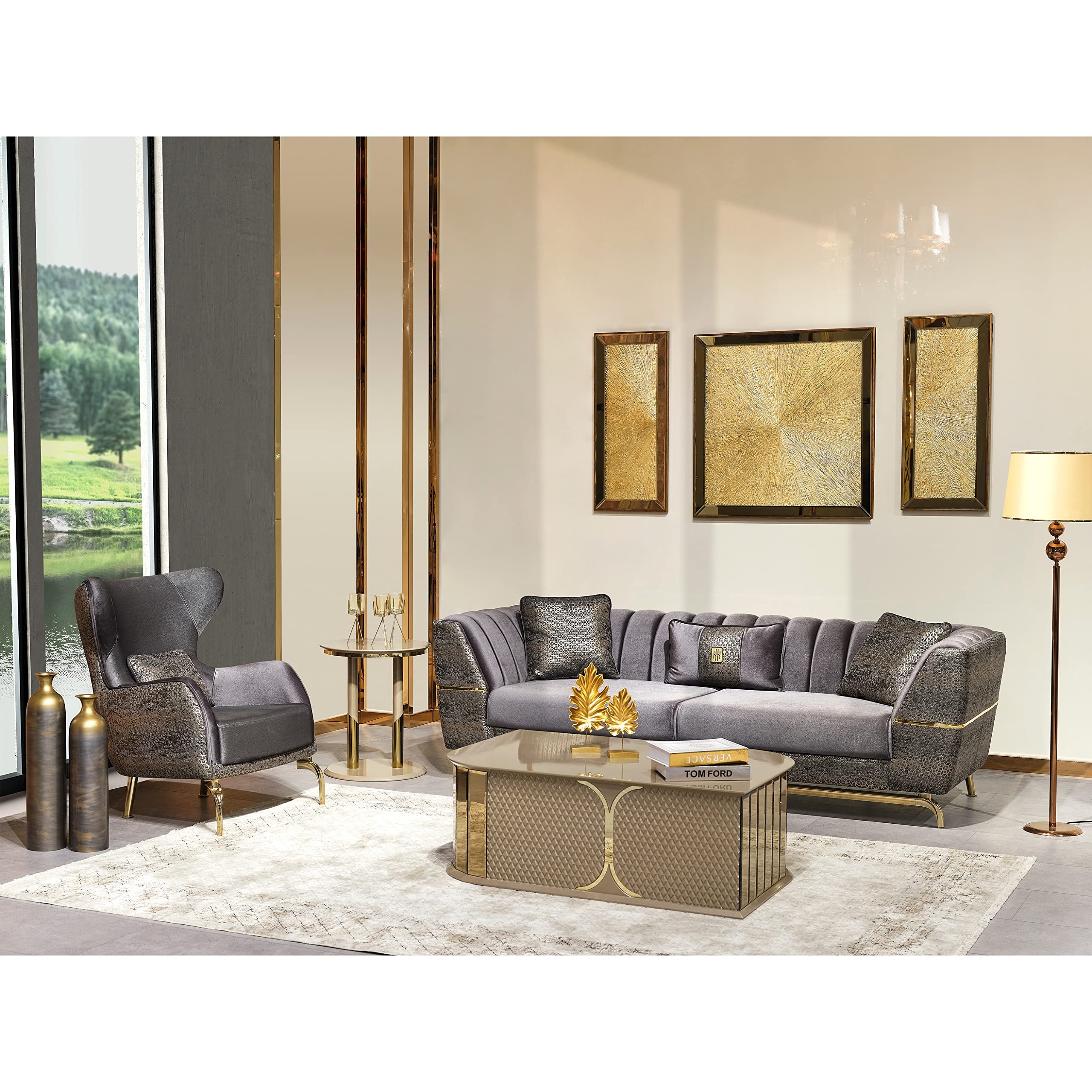 2 Pieces Living Room Set 1 Sofa Chair Grey Solid Modern Contemporary Wood Piece Includes Hardware