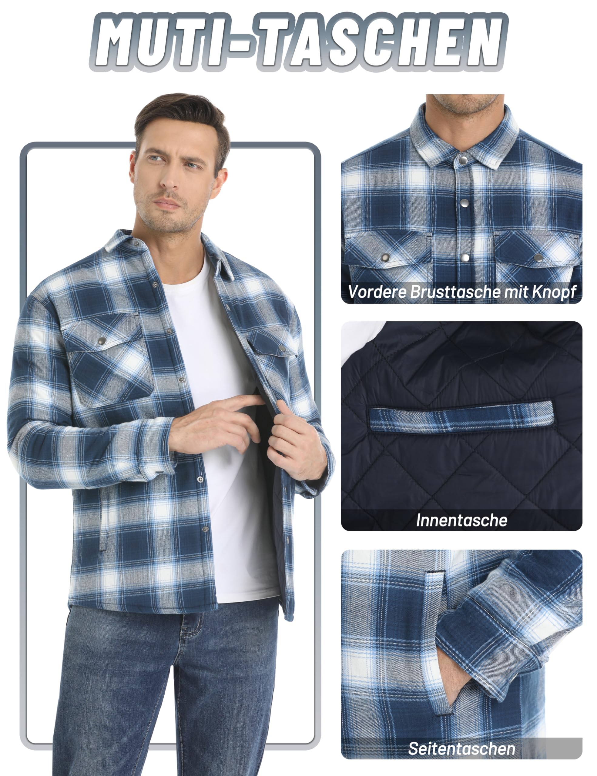 KEFITEVD Holzfäller Jacke Herren Baumwolle Kariert Holzfällerhemd mit Brusttasche Winter Langarm Hemdjacken Männer Warm Fanellhemd Weich Verdickt Übergangsjacke