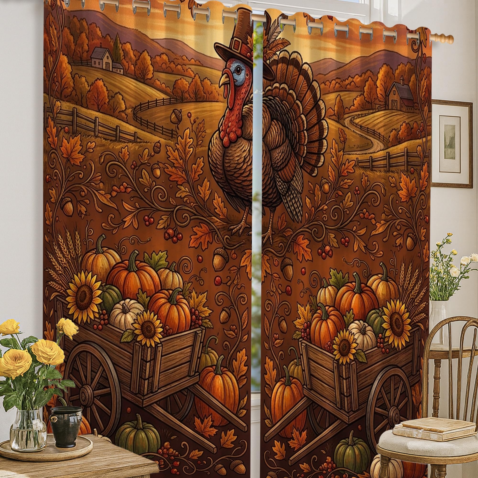 Rideaux occultants chambre marron avec motif tournesols citrouilles 132x160