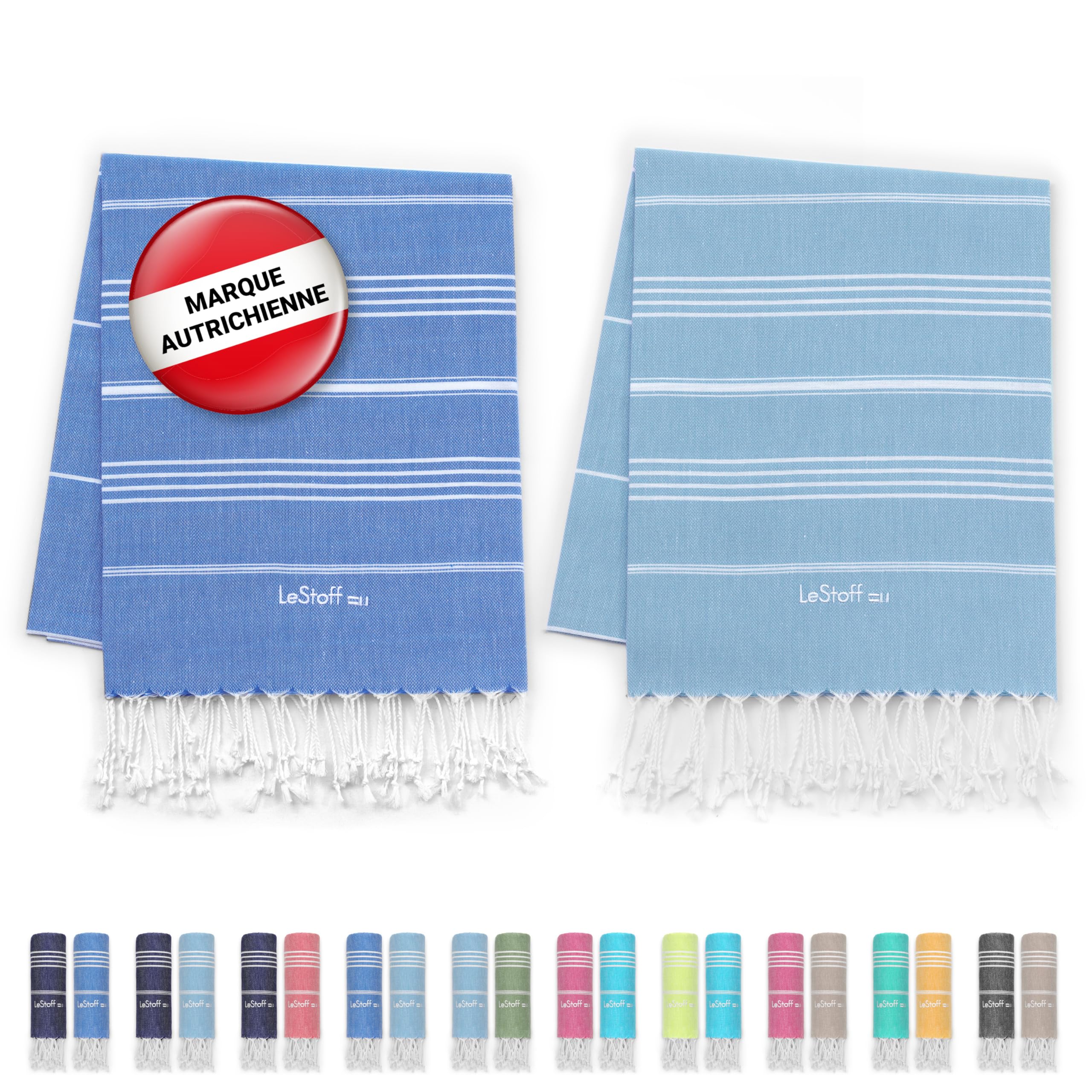 LeStoff 2 foutas hammam, 100% Coton Bio, 95x180 cm, Bleu Ciel/Bleu Clair | Serviettes de plage, sauna, bain, douche, yoga, voyage et spa – prélavées, durables, légères, absorbantes, séchage rapide