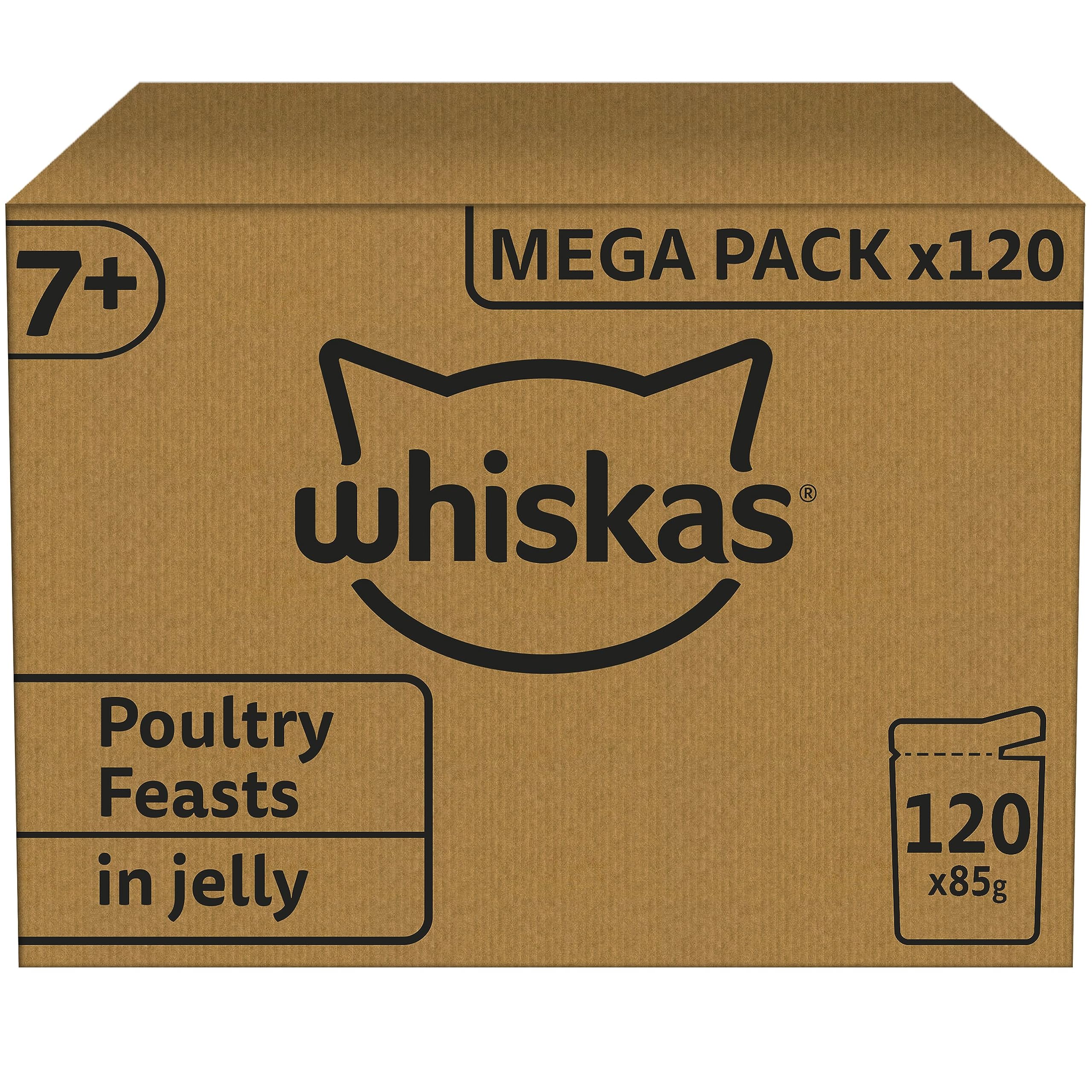 Whiskas Senior 7+ Cibo Umido per Gatti in Gelatina - 120 Sacchetti (1 Confezione Grande), 120 x 85 g - Alta Qualità, per Gatti dai 7 Anni in Su
