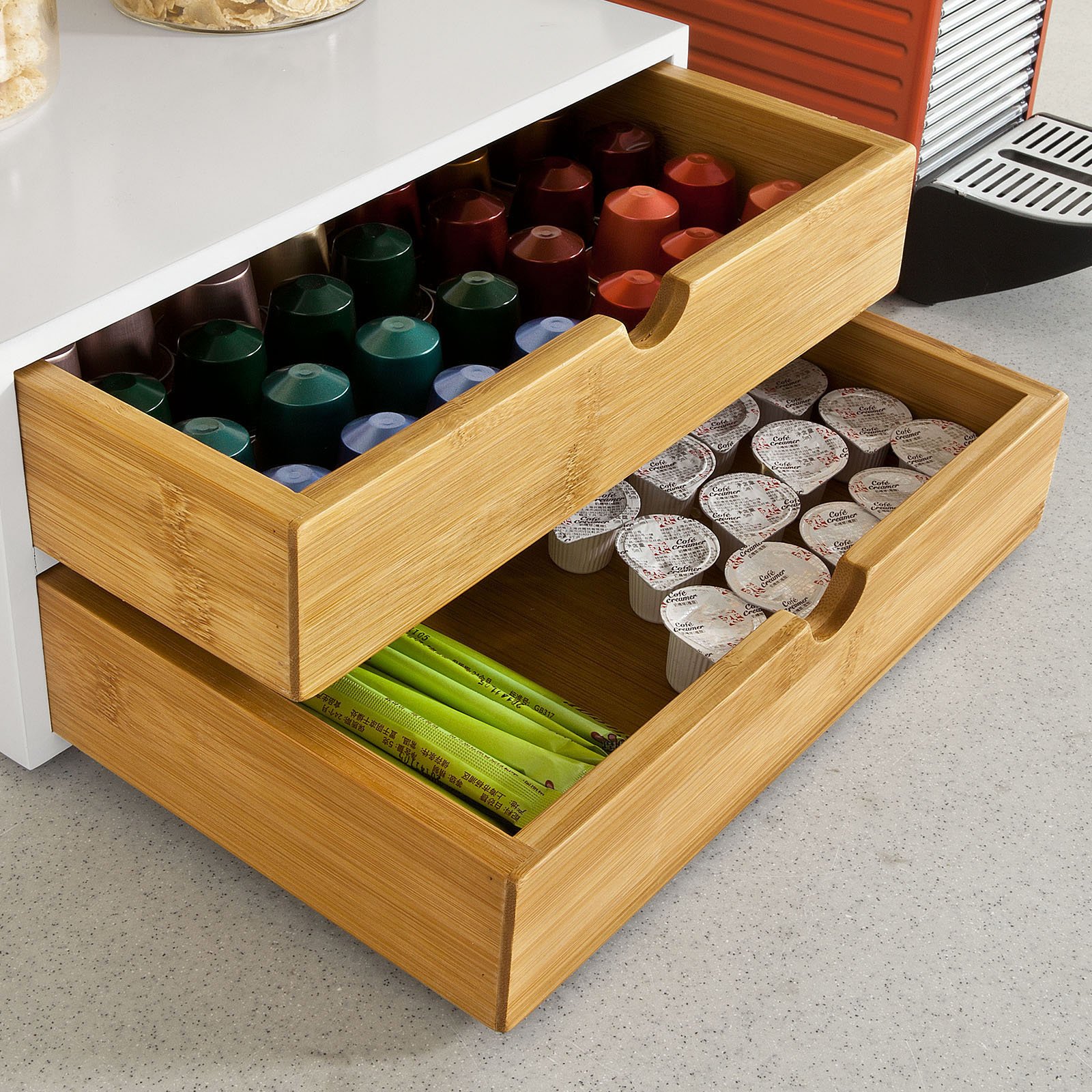 SoBuy Soporte Cápsulas con 2 Cajones, antideslizante & compacto, 30×20×14cm | Portacápsulas con 20 kg de carga, diseño sencillo, MDF/bambú, para cocina & zona café, FRG180-WN