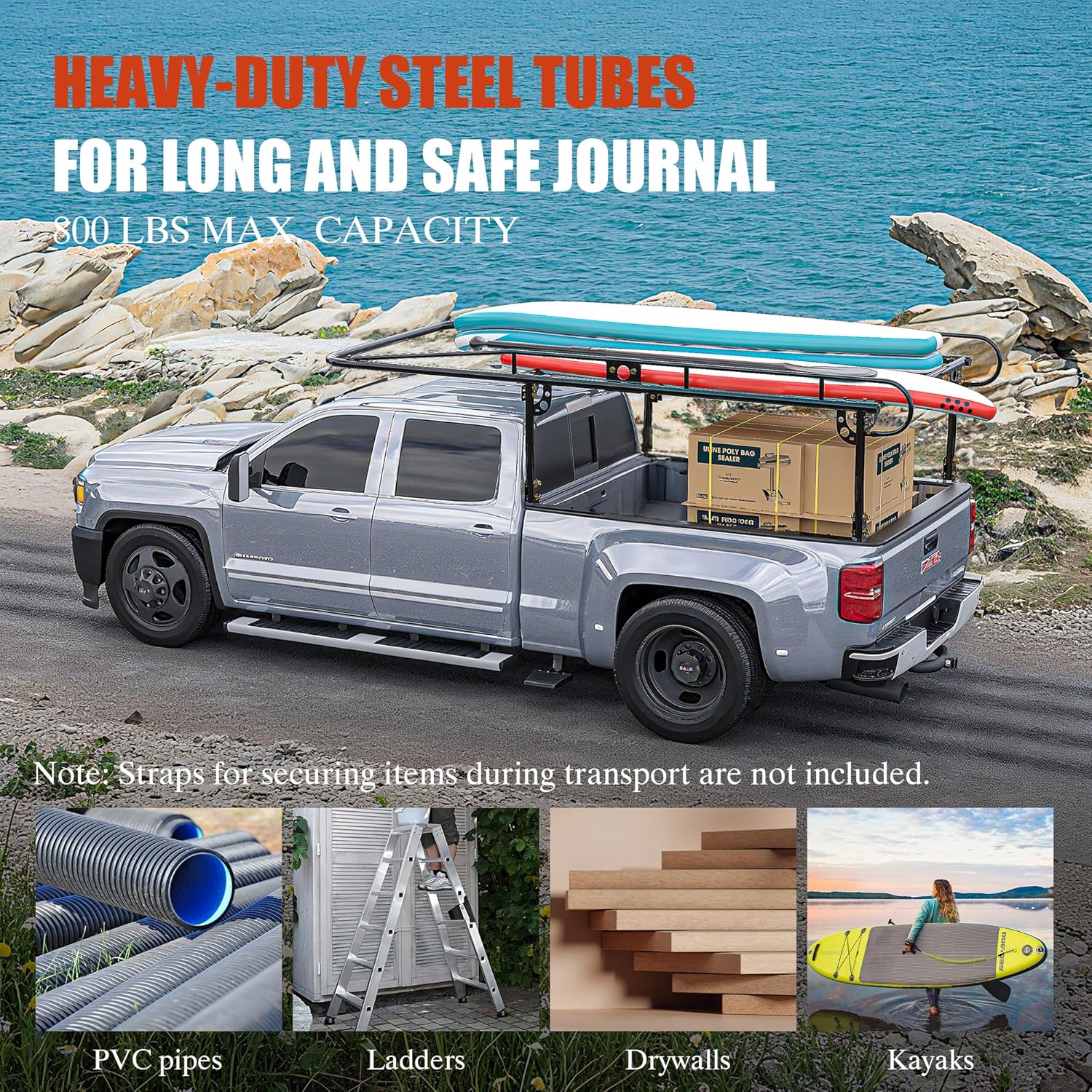 Universal Steel Over-Cab Truck Bed Rack Contractor Pickup Lumber Full Size Rack Adjustable for Kayak, Ladder, Surfboard, Lumber