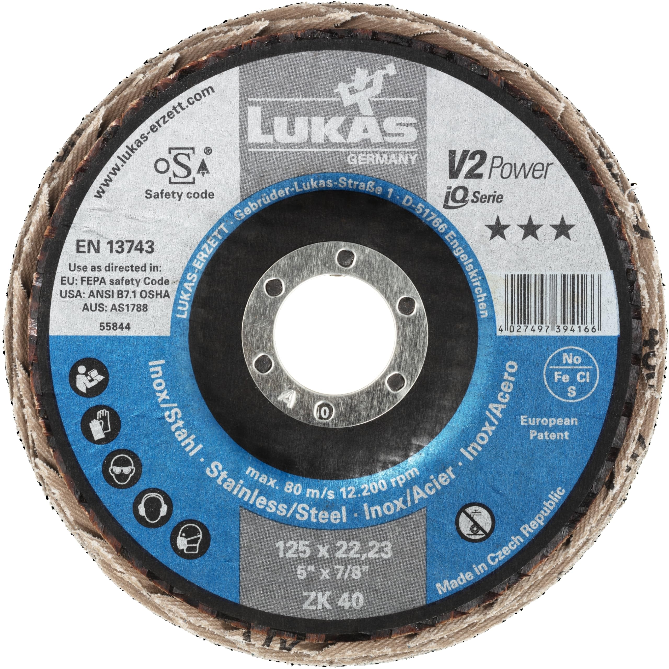 LUKAS-ERZETT 10 x Fächerschleifscheibe V2 POWER universal Ø 125 mm Zirkonkorund Korn 40 schräg- 14x13x13cm