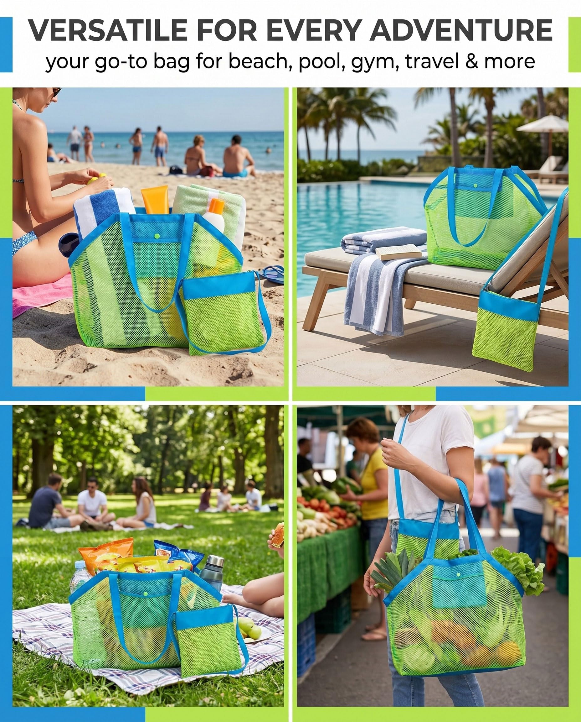 Bolsa de Malla de Playa de Poliéster 2 Unidades,Tamaño Grande y Pequeño,Bolsa Plegable Portátil Reutilizable para Almacenar Juguetes de Playa para Niños