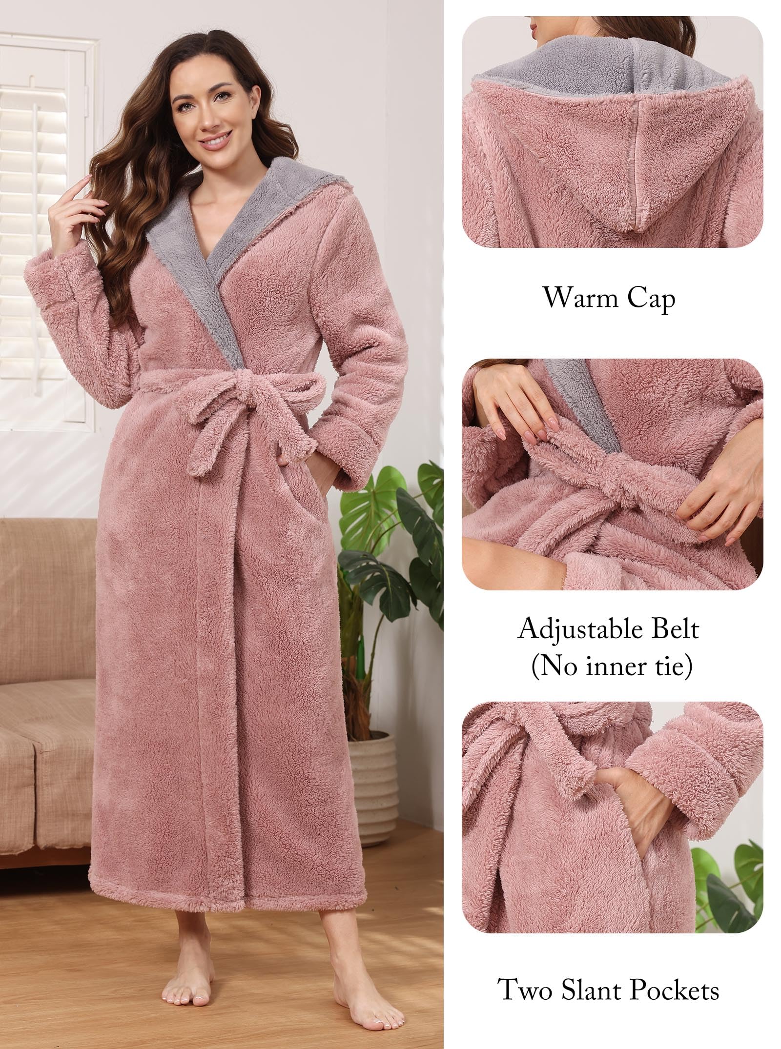 Hellomamma Peignoir long à capuche pour femme en flanelle polaire de luxe pour l'hiver chaud