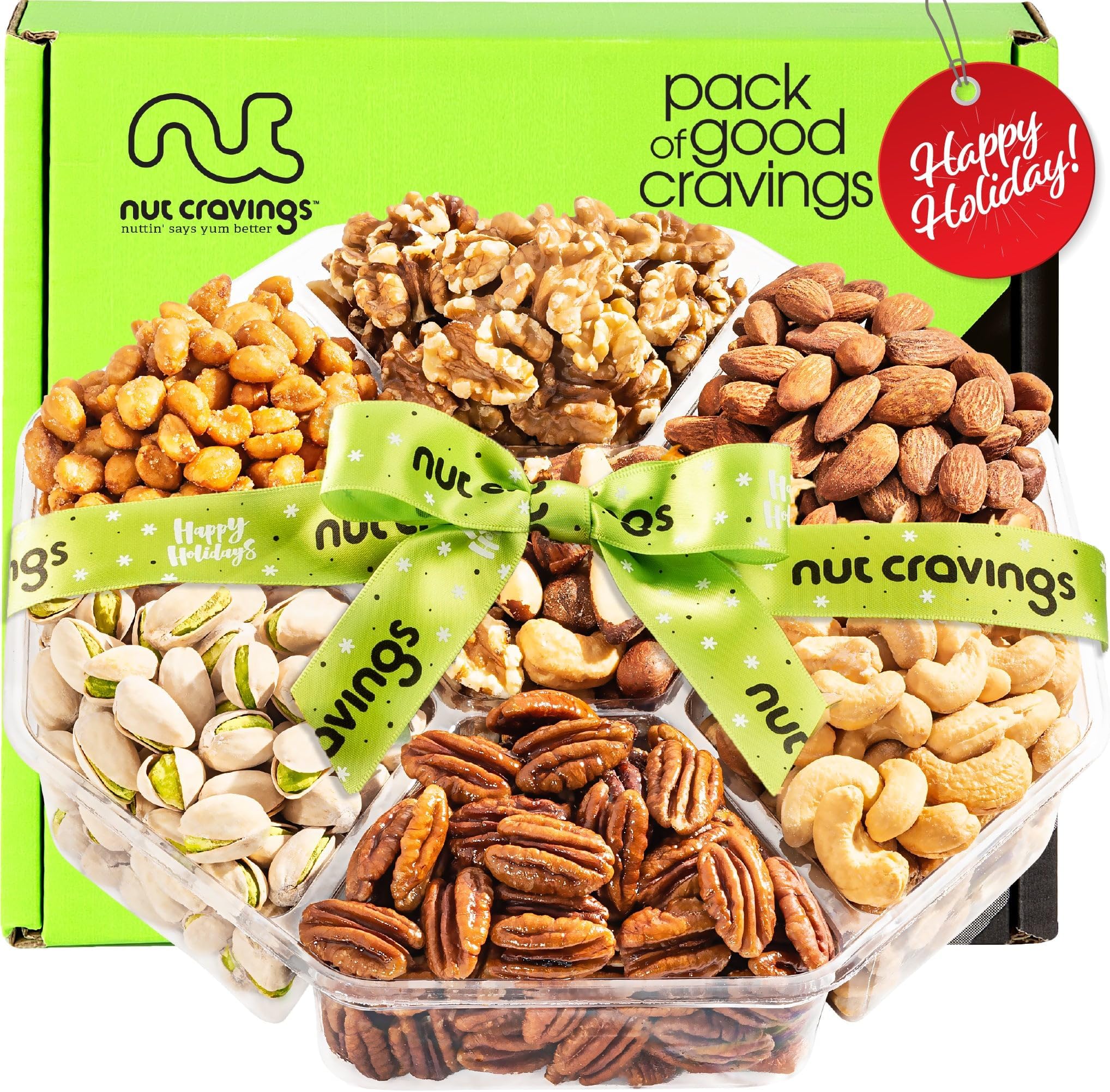 NUT CRAVINGS - Christmas Treats Mixed Nuts Gift Basket with Happy Holiday Ribbon (7 Assortments) Treats for Adults, Food Arrangement, Healthy Snack Care Package, Kosher