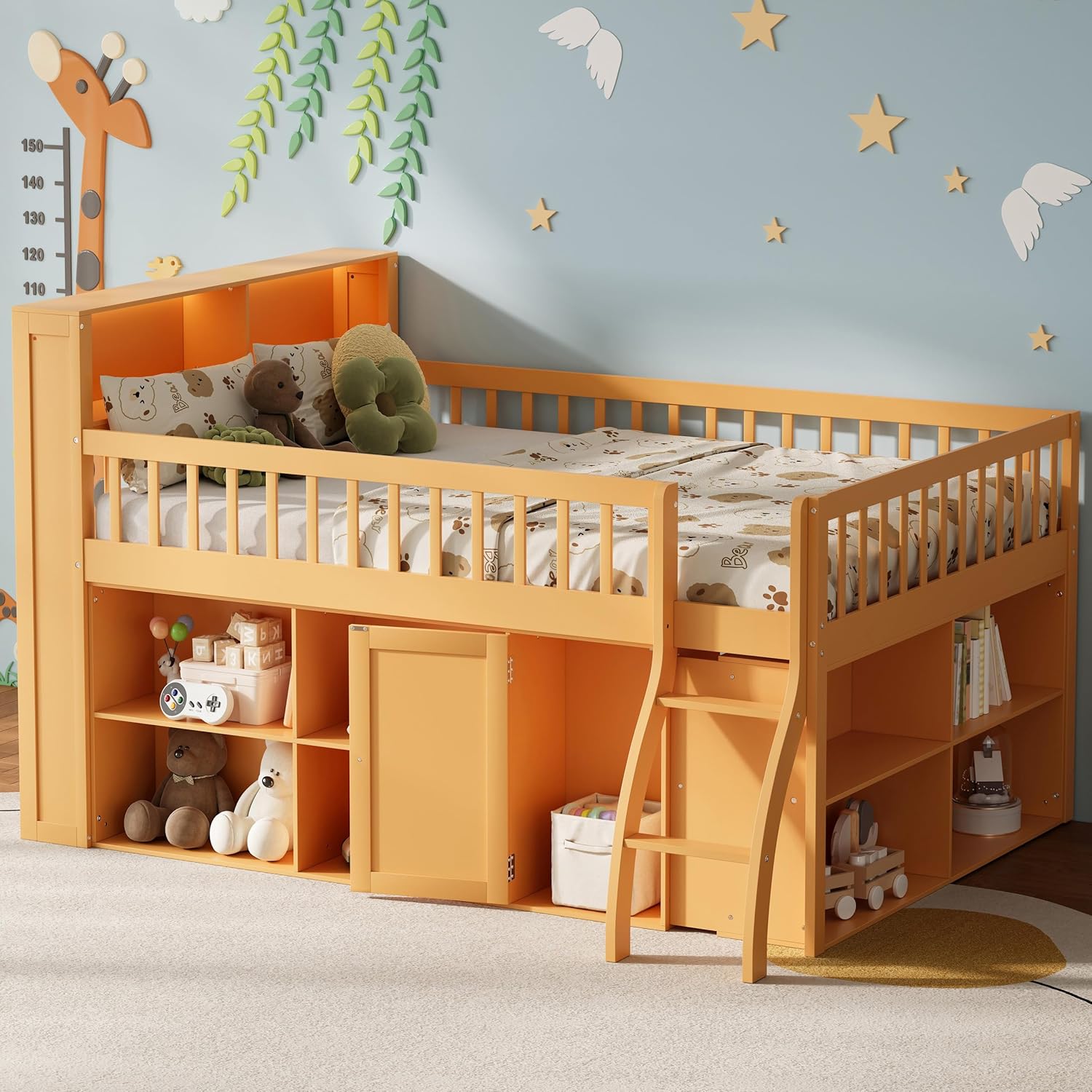 Bellemave Twin Size Kids Platform Bed with Fences and 2 Drawers, Wooden Twin Bed Frame with Storage Headboard and LED Light for Girls Boys, White