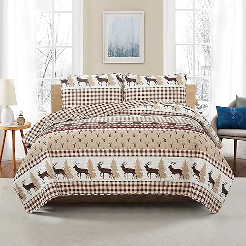 Miniatura 6 de Market & Place Juego de edredón reversible de 3 piezas con fundas Colcha suave y ligera para todas las estaciones Diseño rústico de cabaña impreso