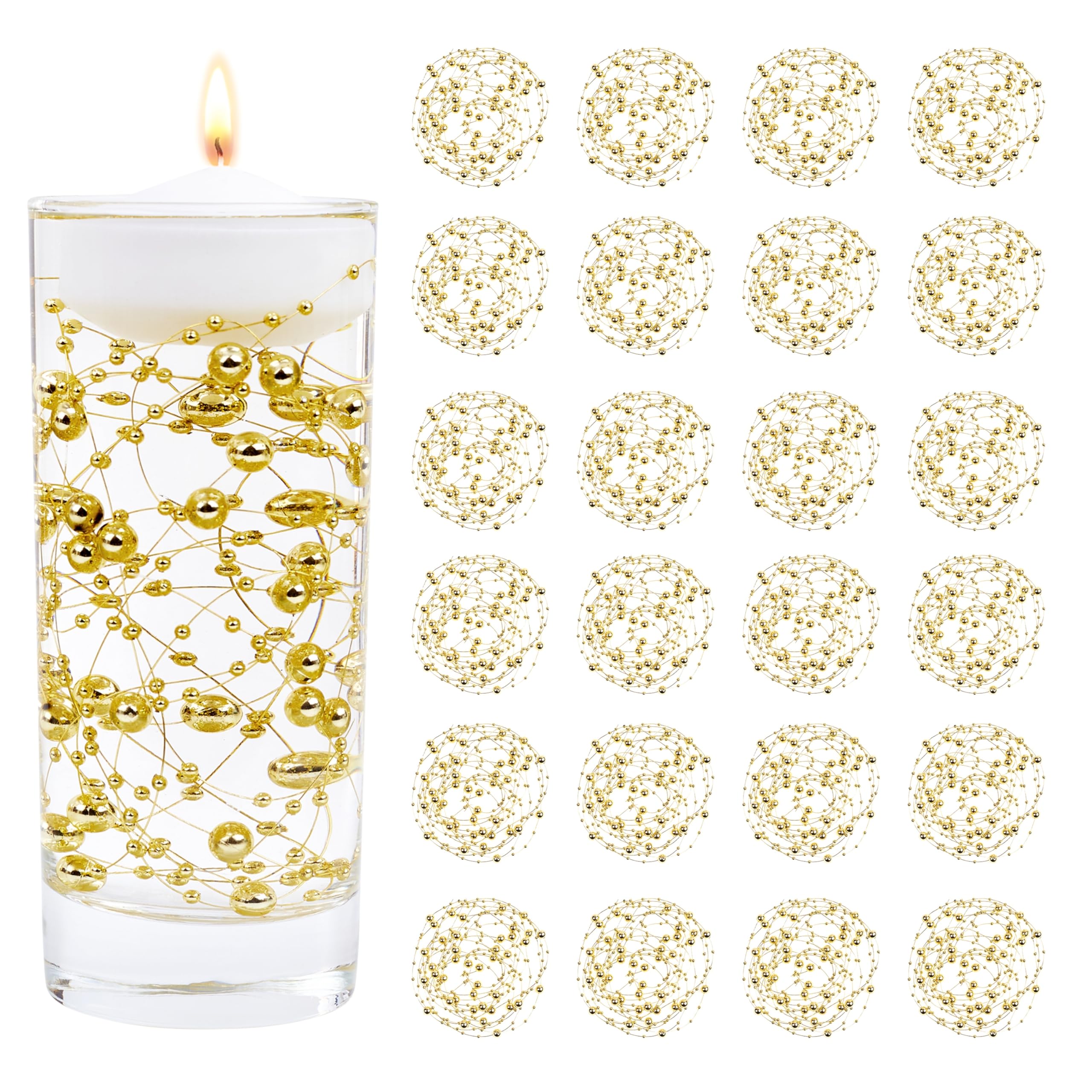 MAIBAOTA 30 Pcs Gold Artificial Floating Pearl String for Floating Candle, Wedding Bitrhday Centerpiece Decoration, Faux Pearls Beads String for Vases Filler Holiday Party Decorations — image 1