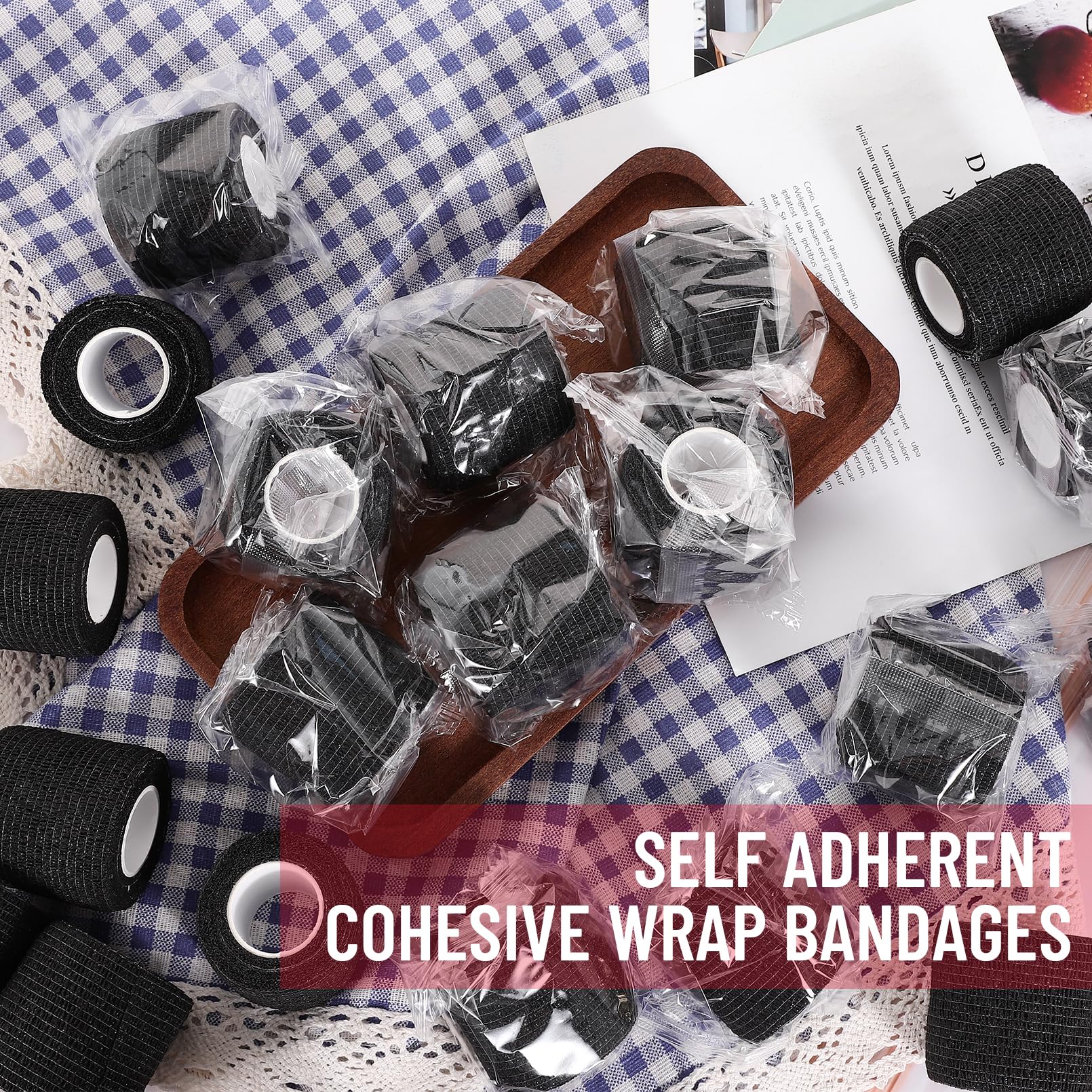 Selbstklebende kohäsive Bandagen, 64 Stück, schwarzes Sportband, selbstklebende Bandage, 5,1 cm x 4,5 m, elastische kohäsive Bandage, atmungsaktiv, Größe S