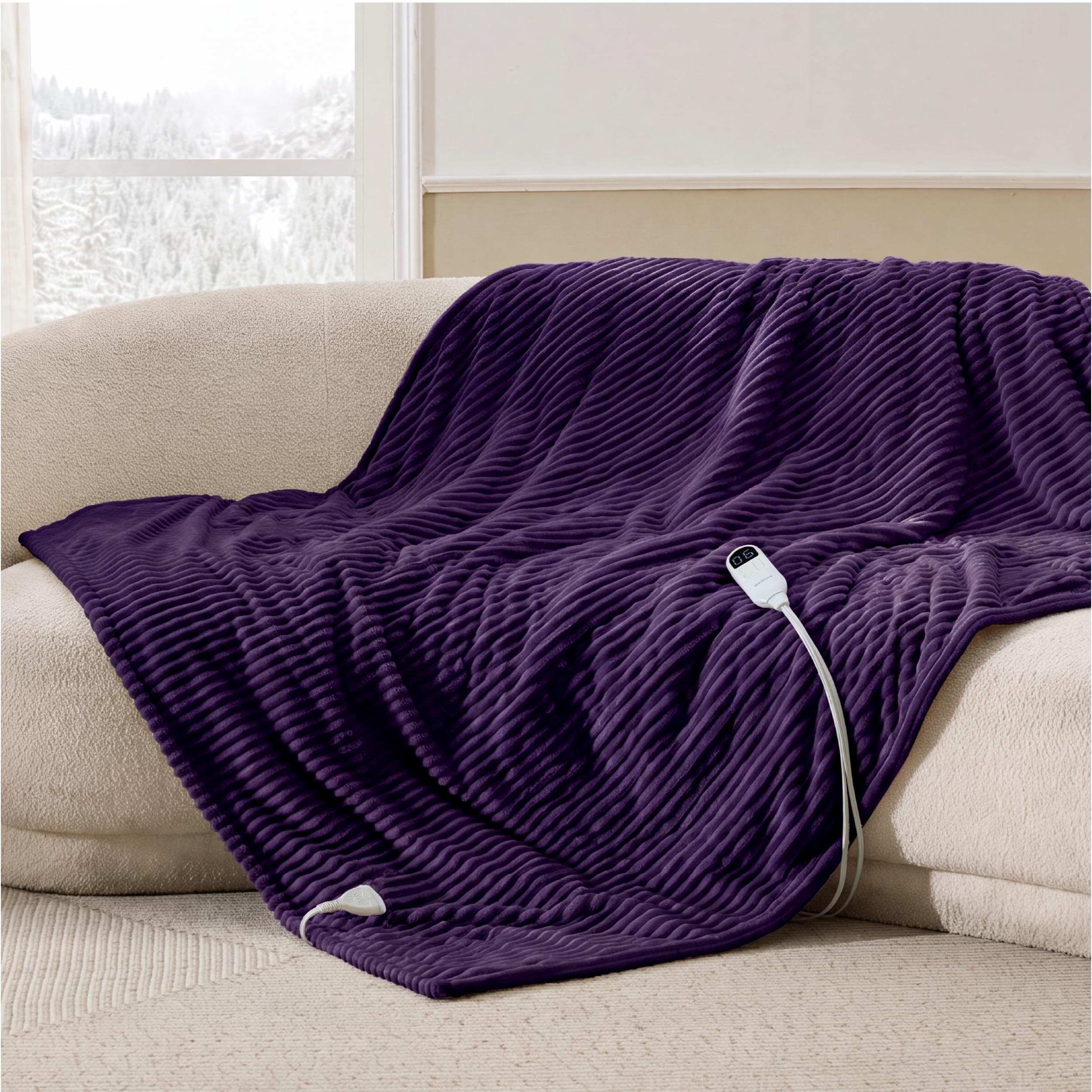 Bedsure Ribbed Heated Blanket Throw, Purple Electric Blanket, Preheat