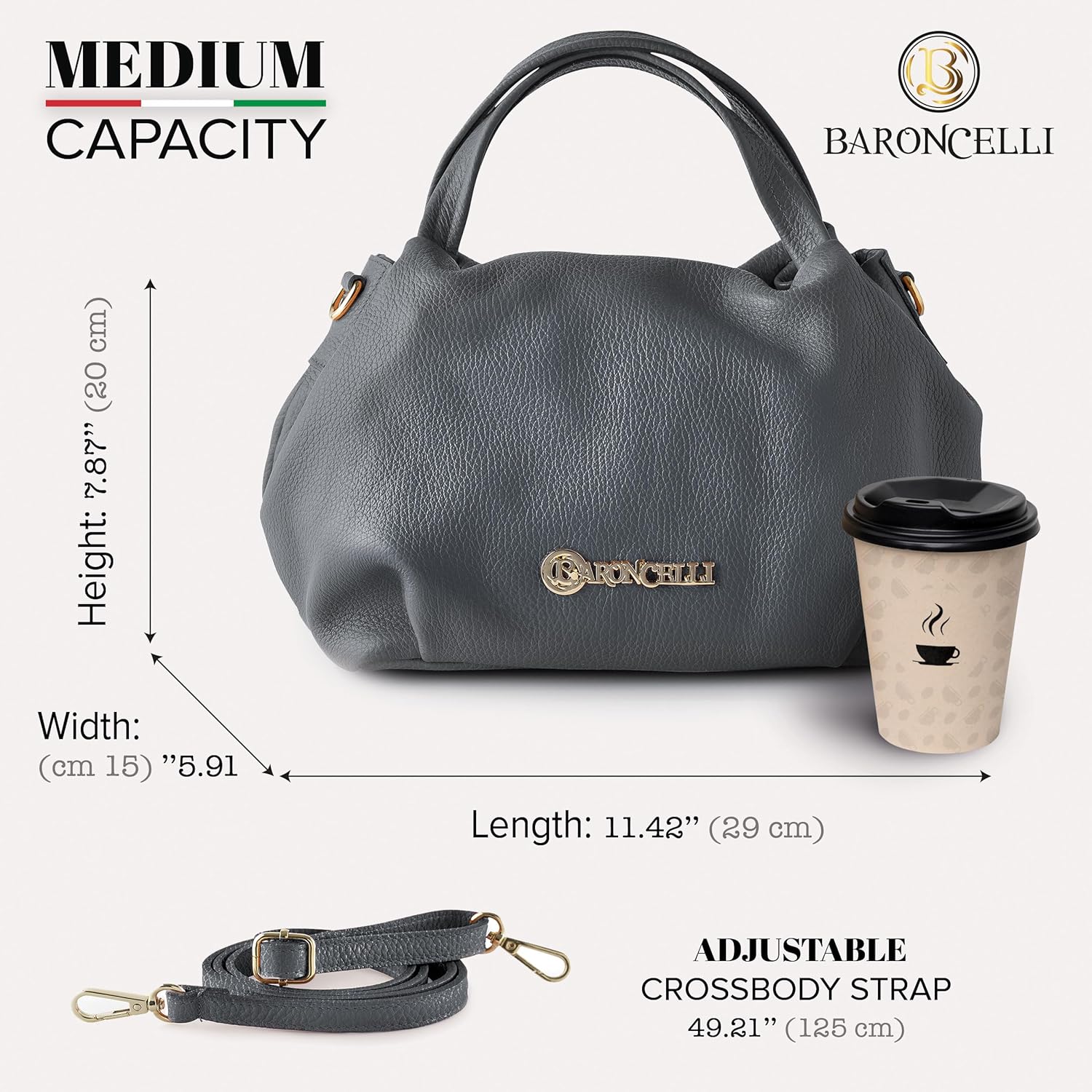 Baroncelli Italian Leather Purse for Women Genuine Soft Leather Medium Size Shoulder Crossbody Bag Made in Italy - Image 3