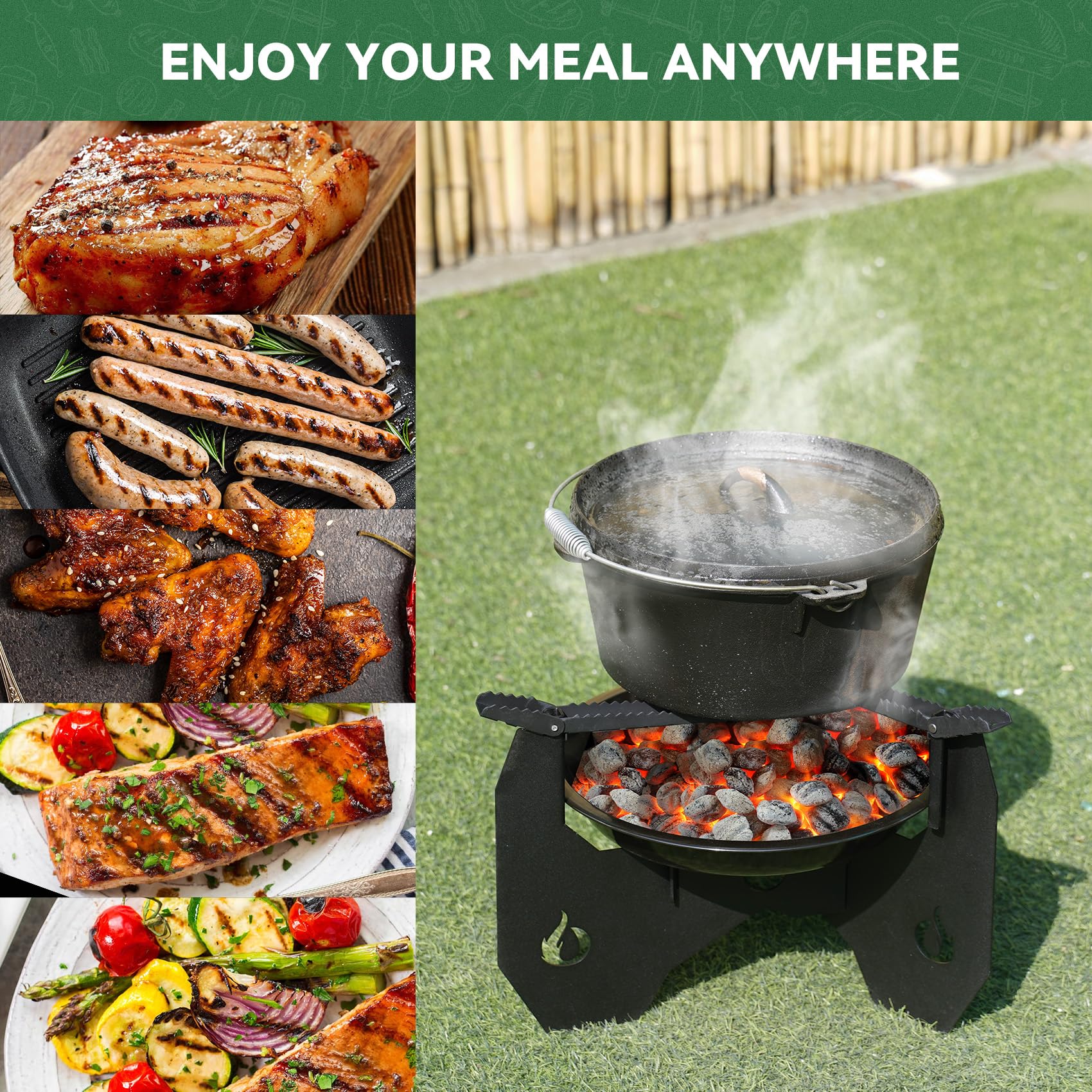 Onlyfire Soporte Resistente para Horno Holandés con Bandeja de Carbón y Bolsa de Transporte para Cocinar Al Aire Libre, Acampar, Senderismo y Excursionismo