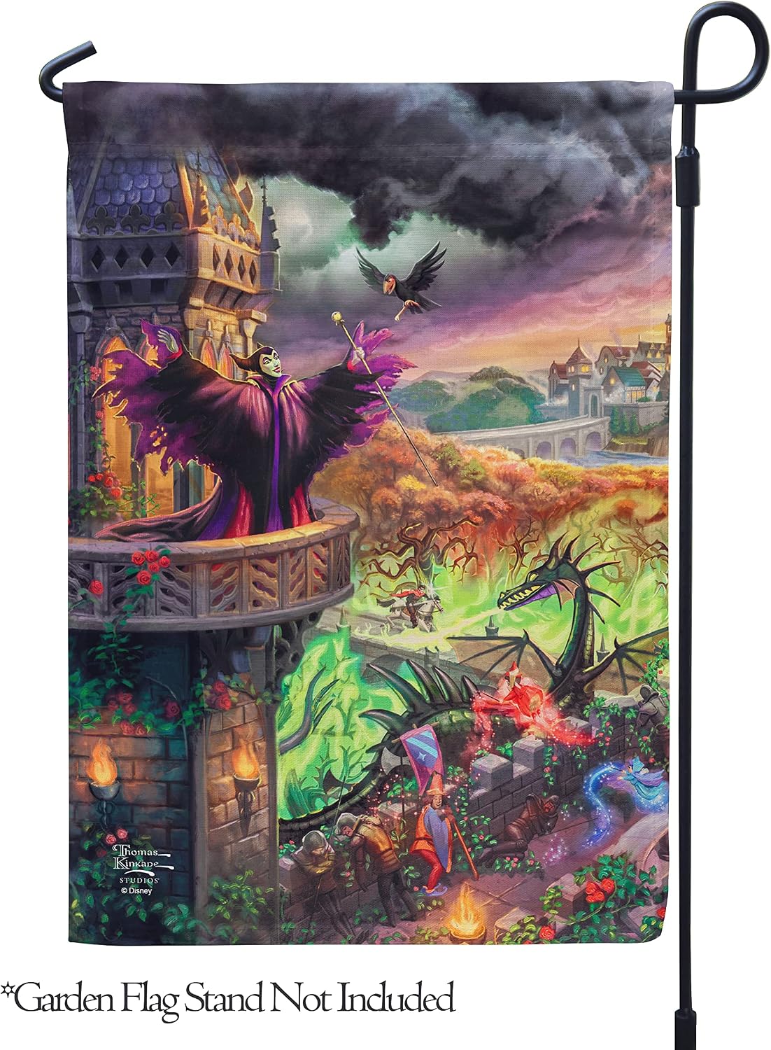 Flagology, Thomas Kinkade Disney, Maleficent's Curse – Garden Flag 12" x 18", Outdoor Flag, Exclusive Premium Fabric, Licensed Thomas Kinkade Disney