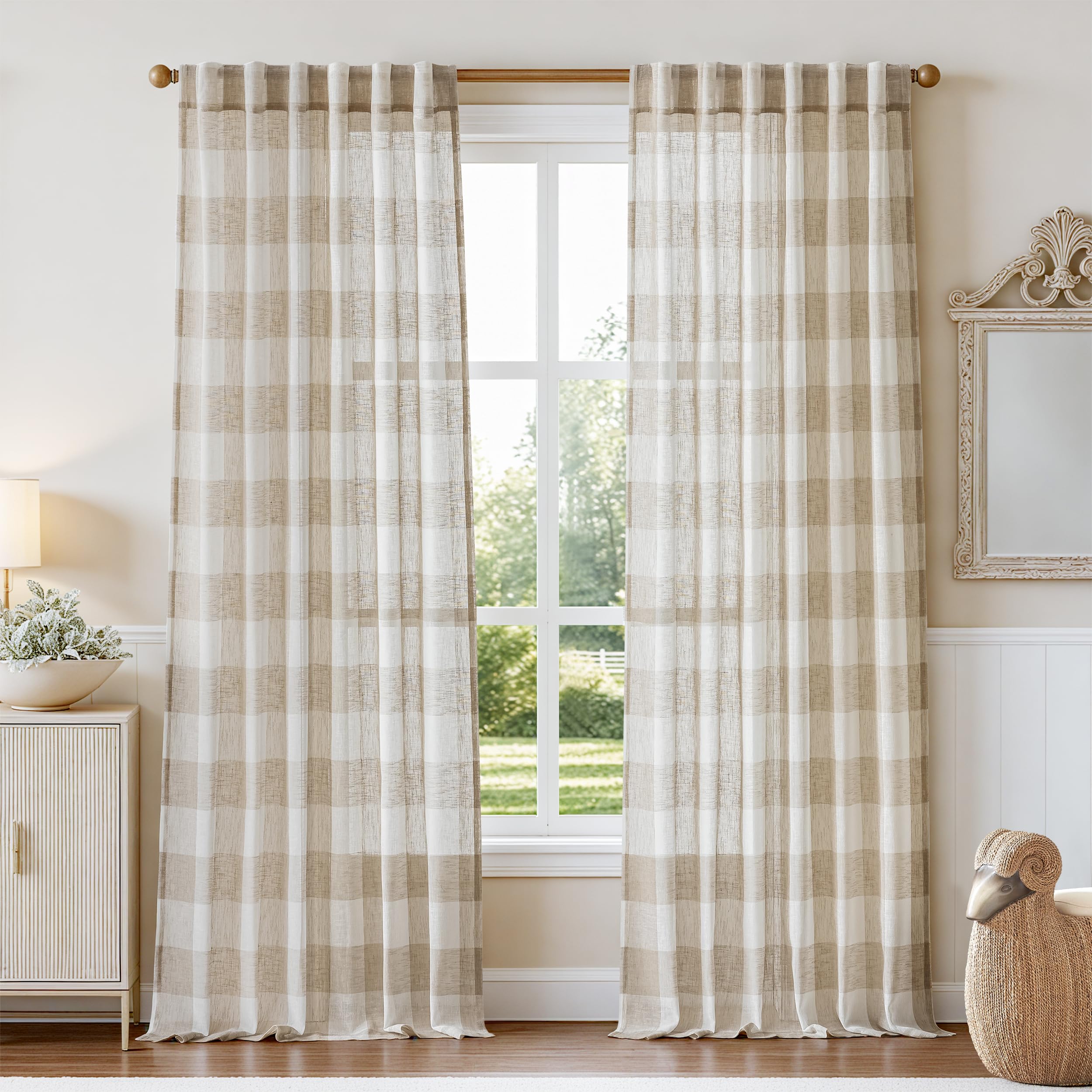DriftAway Buffalo Plaid Semi Sheer Check Curtains 84 Inches Taupe