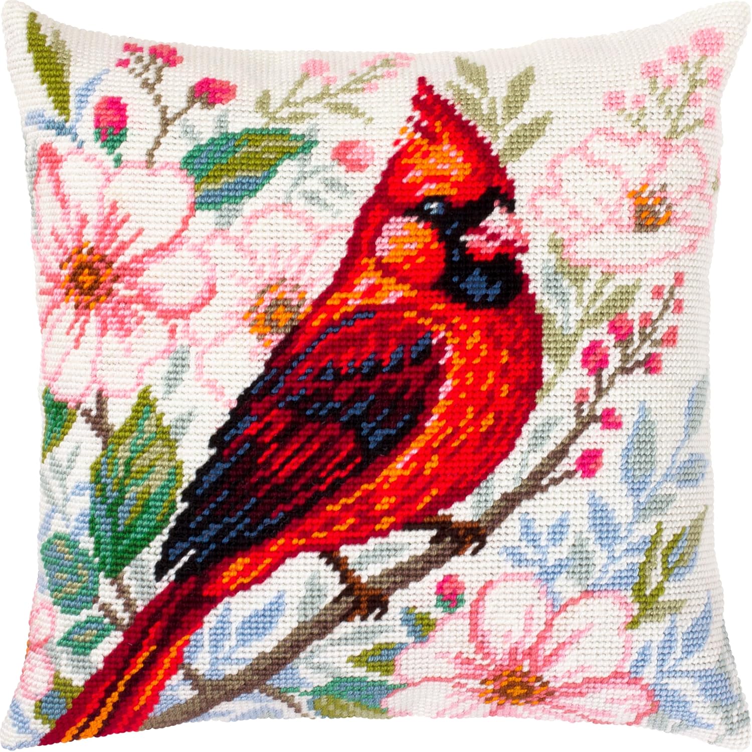Brvsk Bird Stamped Cross-Stitch Kit for Adults and Beginners — Cardinal in Bloom 16″ × 16″ with Clear, Precise Printed Design on Cotton Canvas; Includes 2 Needles, Yarn, and Easy-Read Chart